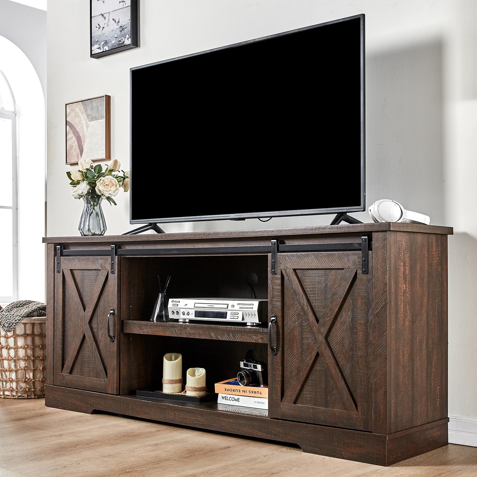 AMERLIFE 66 Farmhouse TV Stand for 75 Inches TVs, Entertainment Center with Sliding Barn Door and Adjustable Shelf & Feet, Conso