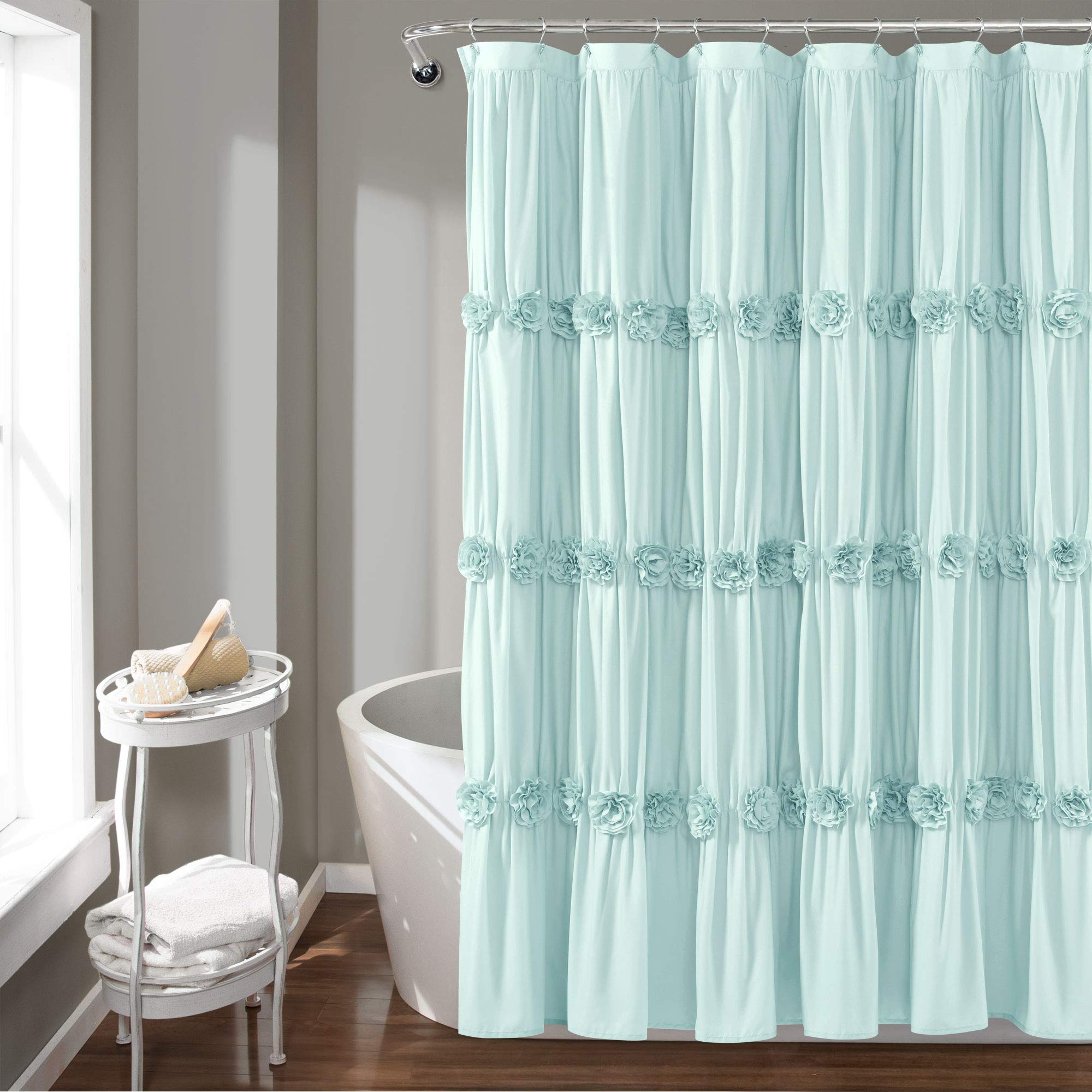 Lush Decor Blue Darla Shower Curtain-Ruched Floral Vintage Chic, Farmhouse Style Design, 72 x 72