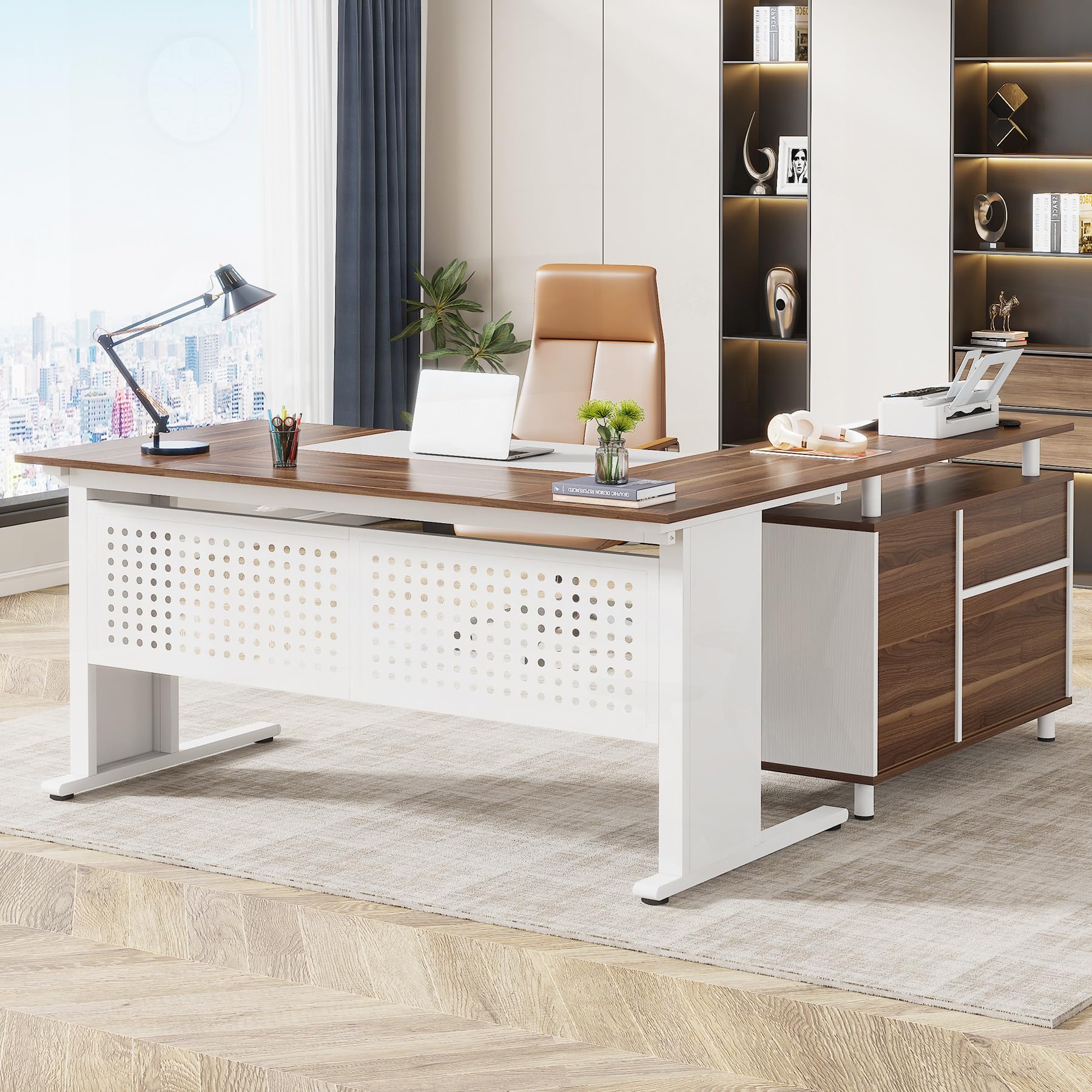 Tribesigns 63 Inch Executive Desk with File Cabinet, Large Office Desk L Shaped Computer Desk with Drawers and Storage Shelves, 