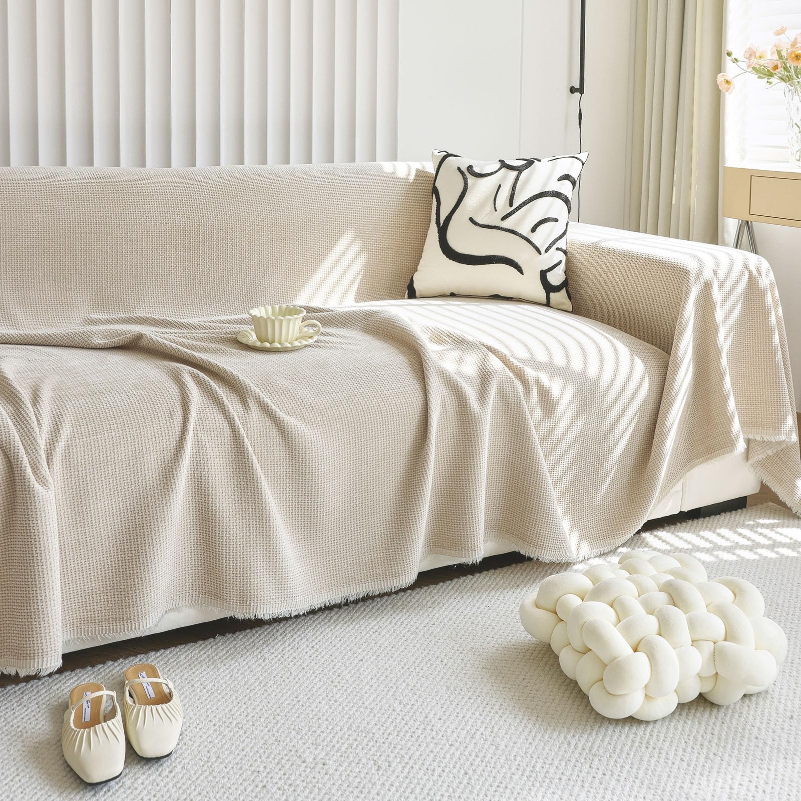 HANDONTIME Corduroy Sofa Covers for Kids Light Khaki Couch Slipcover Jacquard Sectional Covers Cozy Couch Cover Protector Chenil