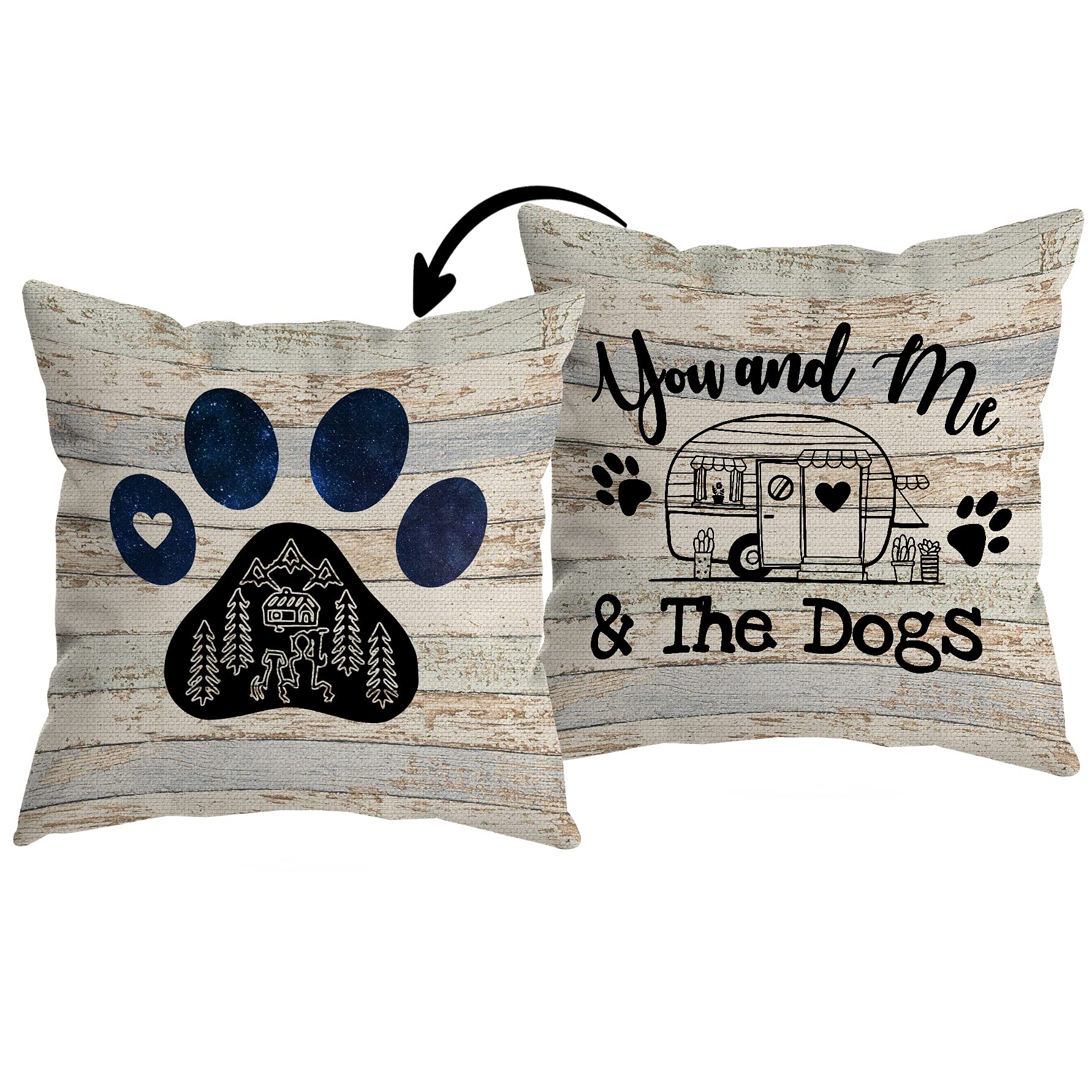 HUYAW You and Me and The Dogs Dog Paw Camper Reversible Throw Pillow Cover, Camping Camper Dog Lover Gifts for Women Men, Campin