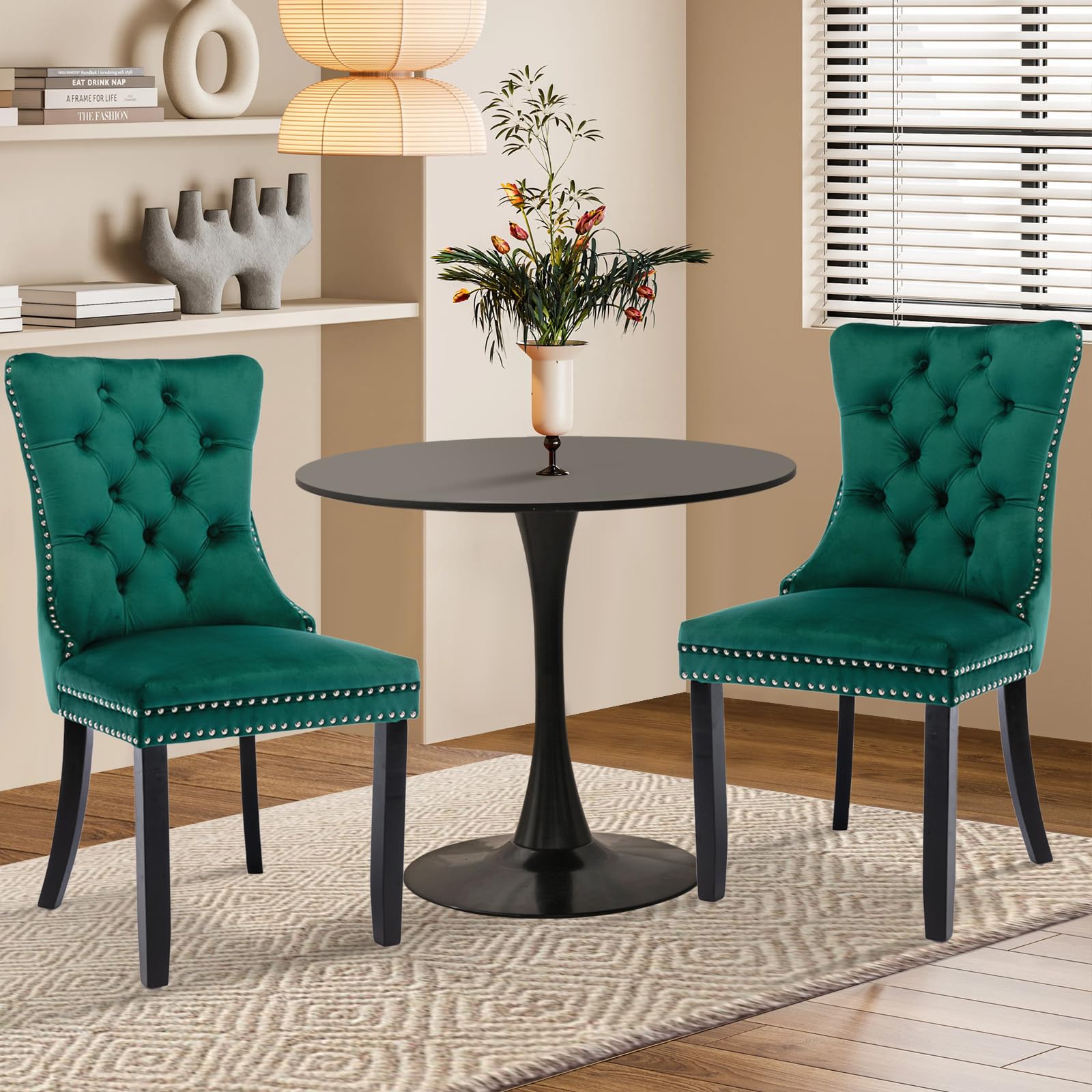 SoarTalent 3-Piece 31.5 Round Dining Table Set for 2, Black Table & Green Velvet Upholstered Dining Chairs