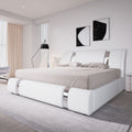 Allewie Queen Size Platform Bed Frame with Iron Piece Decor, Faux Leather Upholstered Bed with Curved Adjustable Headboard, Wood