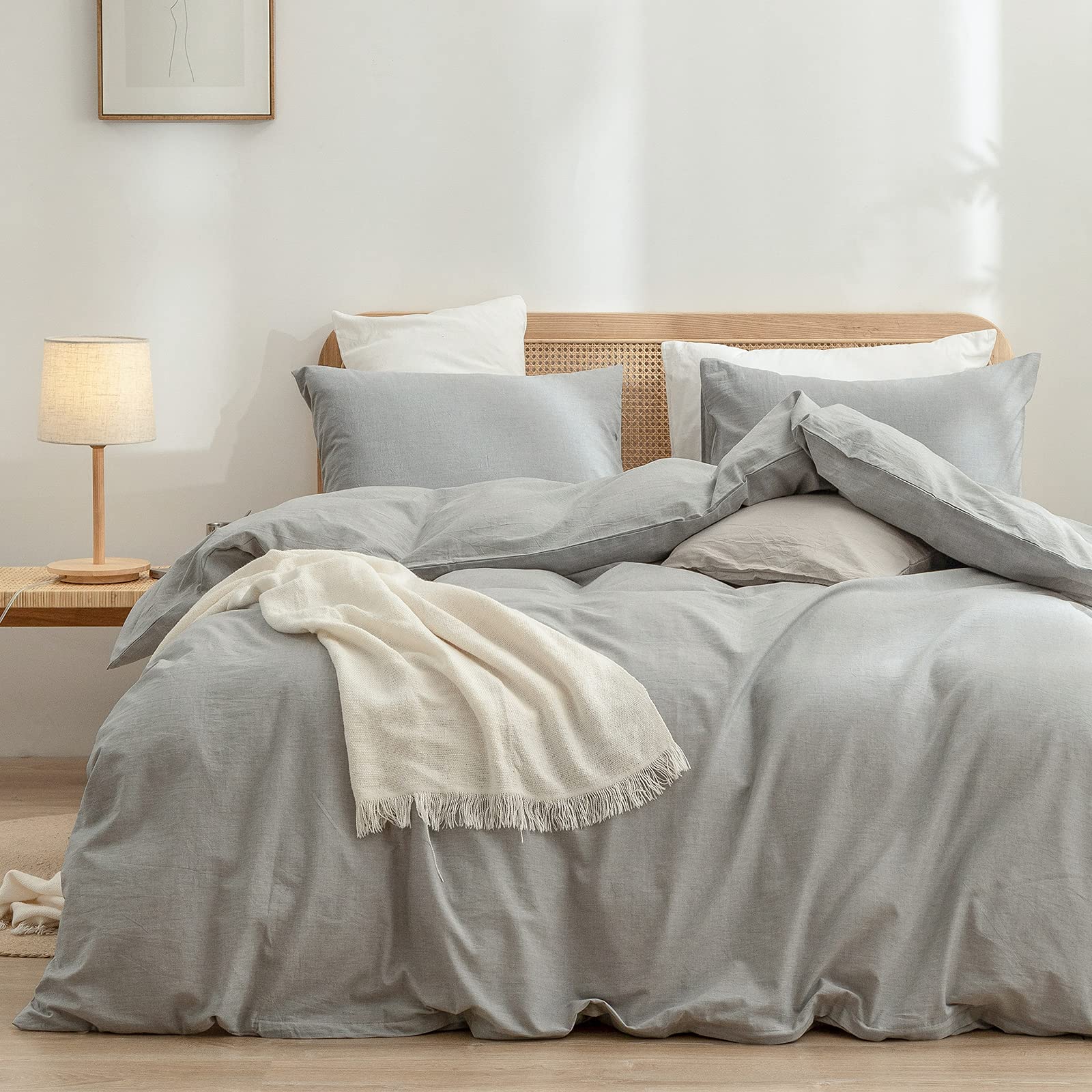 BESTOUCH Duvet Cover Set 100% Washed Cotton Linen Feel Super Soft Comfortable Chic Lightweight 3 PCs Home Bedding Set Solid Ligh