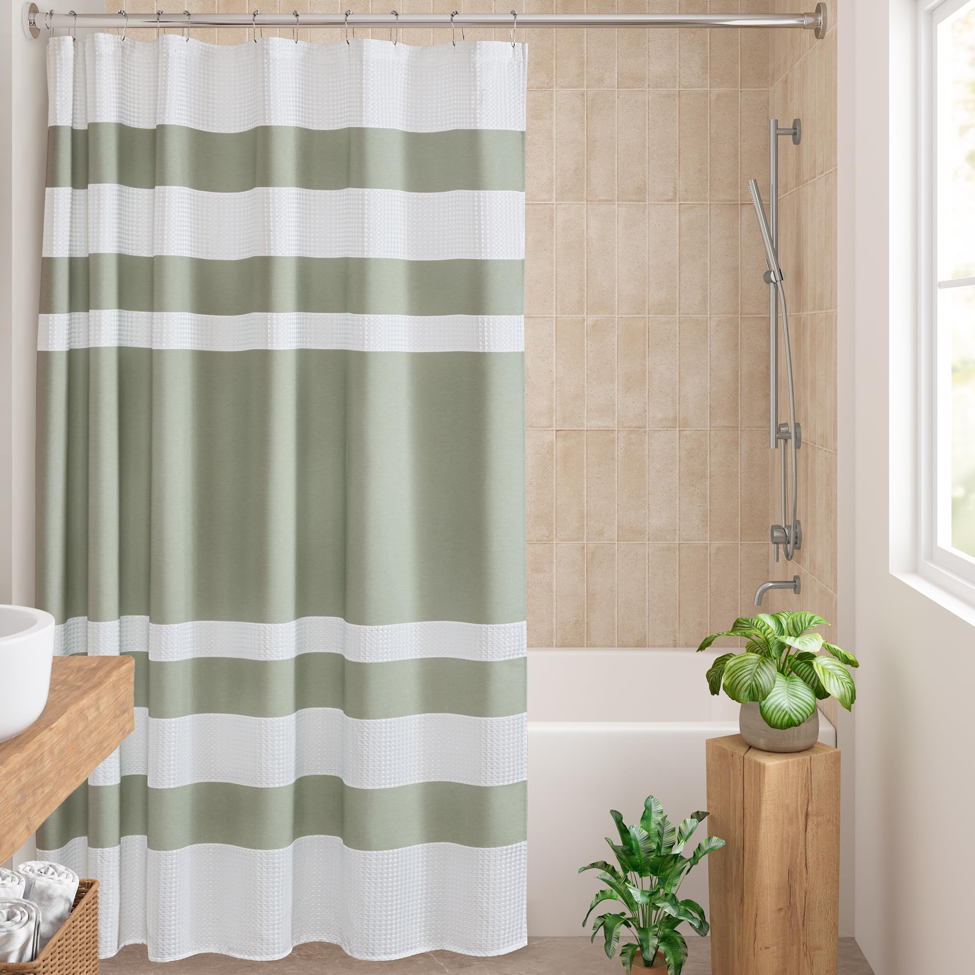 Madison Park Shower Curtain Spa Waffle Weave Wide Shower Curtain for Bathroom 3M Scotchgard Moisture Management, Spa Quality Mod