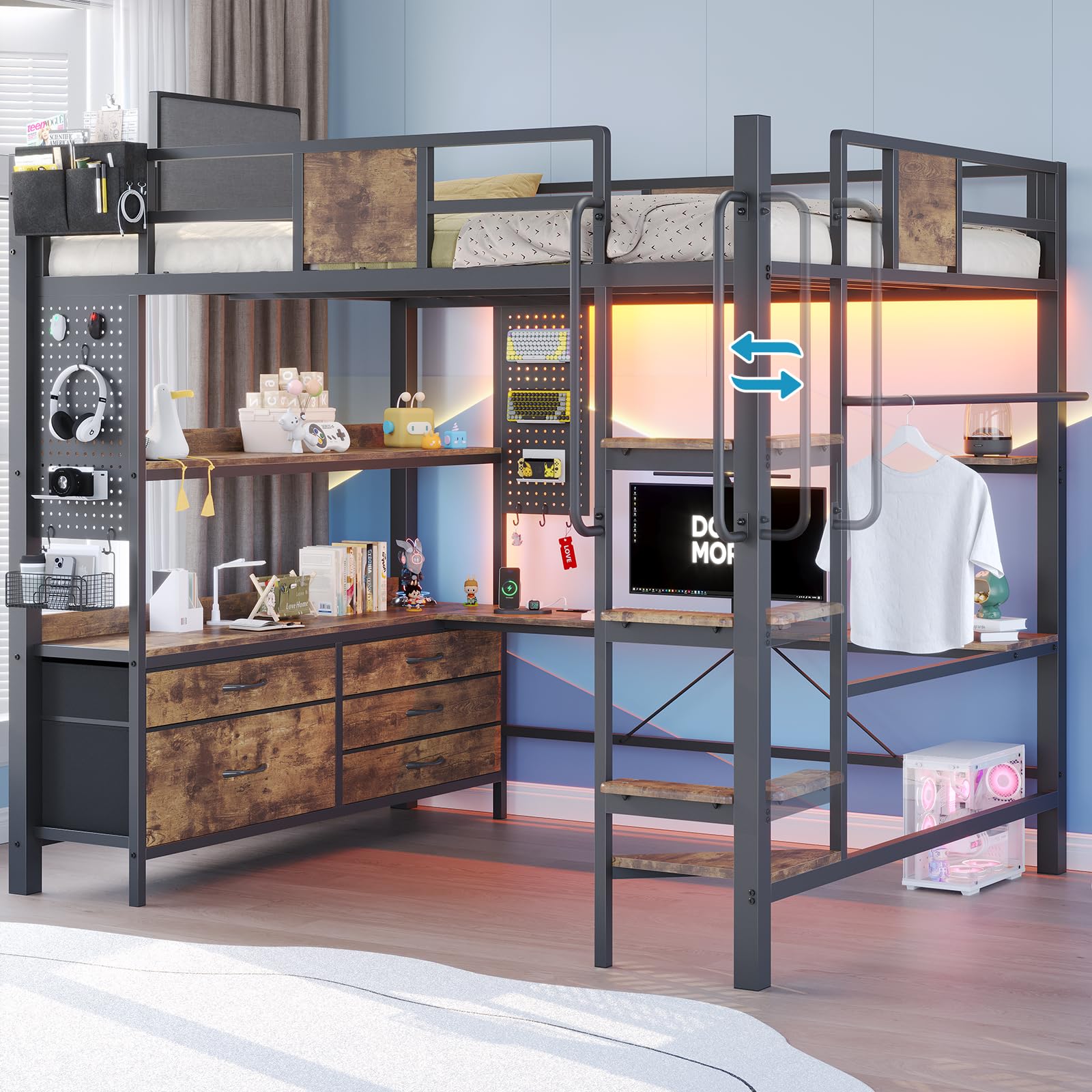 busyaeh Loft Bed with Desk,Loft Bed Full Size with 5 Drawers & 3 Open Shelves and LED Lights,Full Size Loft bed with Charging St