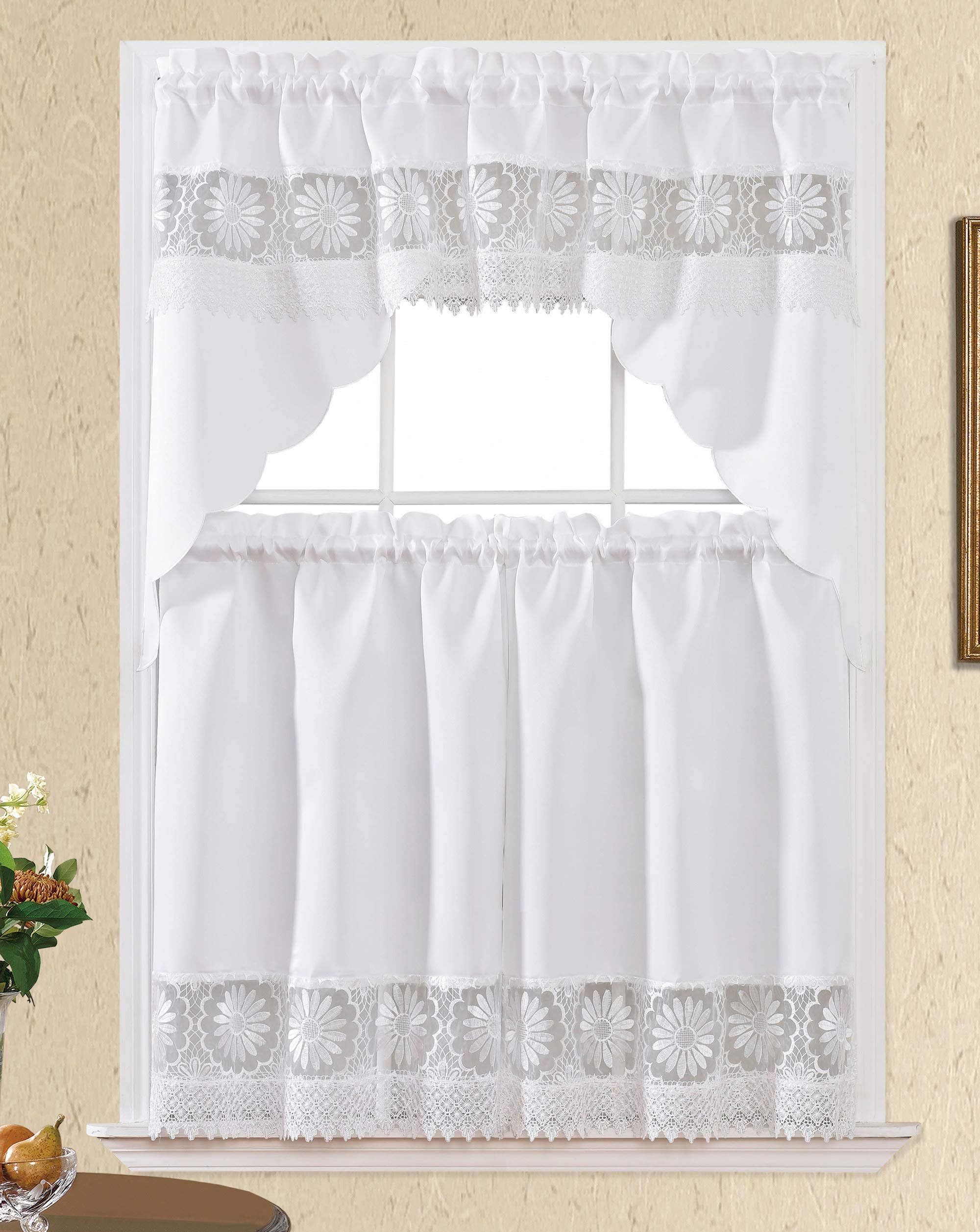 GOHD Daisy Dream. Kitchen Cafe Curtain Set for Small Windows. Satin Fabric with Matching Color Daisy Embroidery and Lace. (White