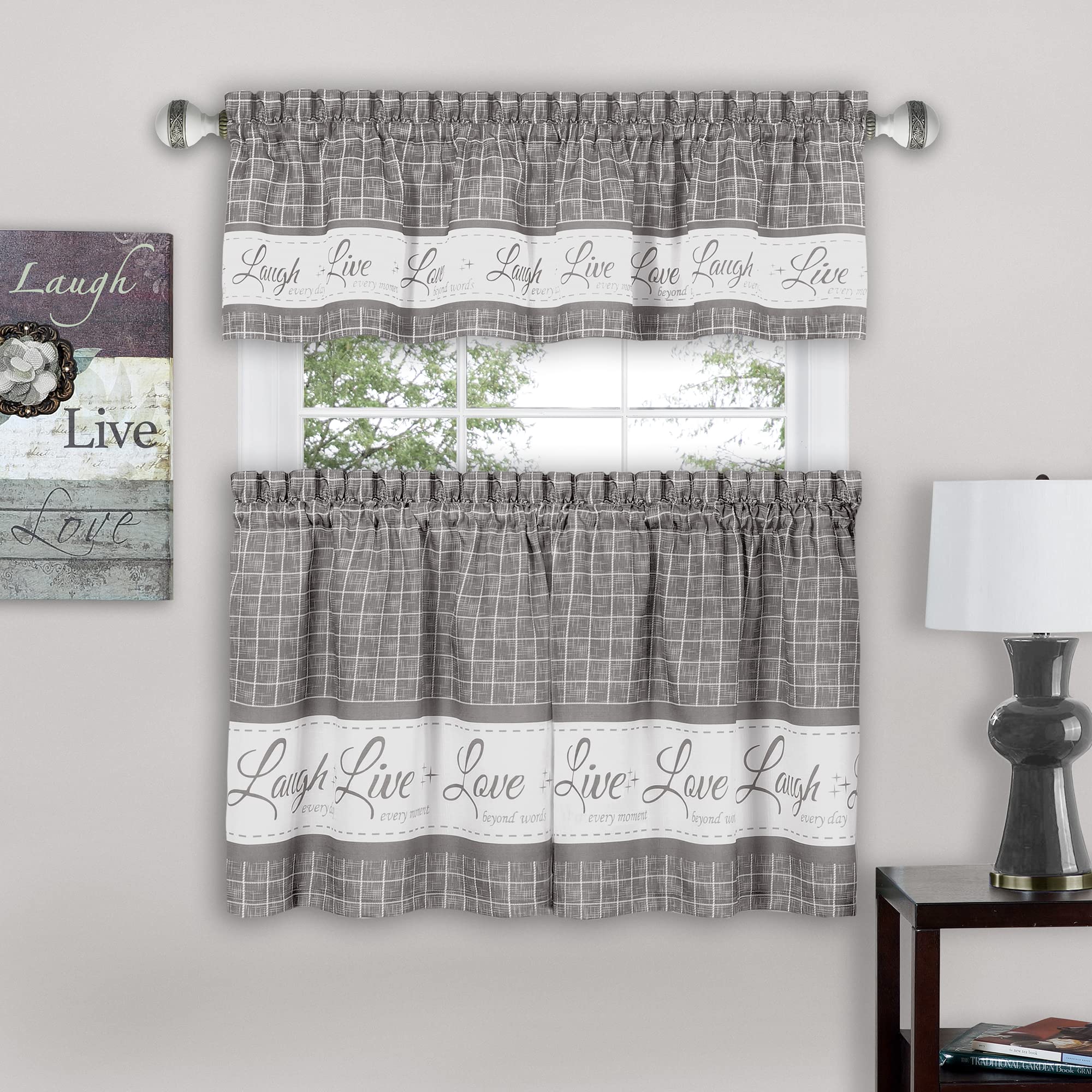 Tier and Valance Window Curtain Set - 58 Inch Width, 36 Inch Length - Live, Love, Laugh (Grey) - Light Filtering Drapes for Kitc