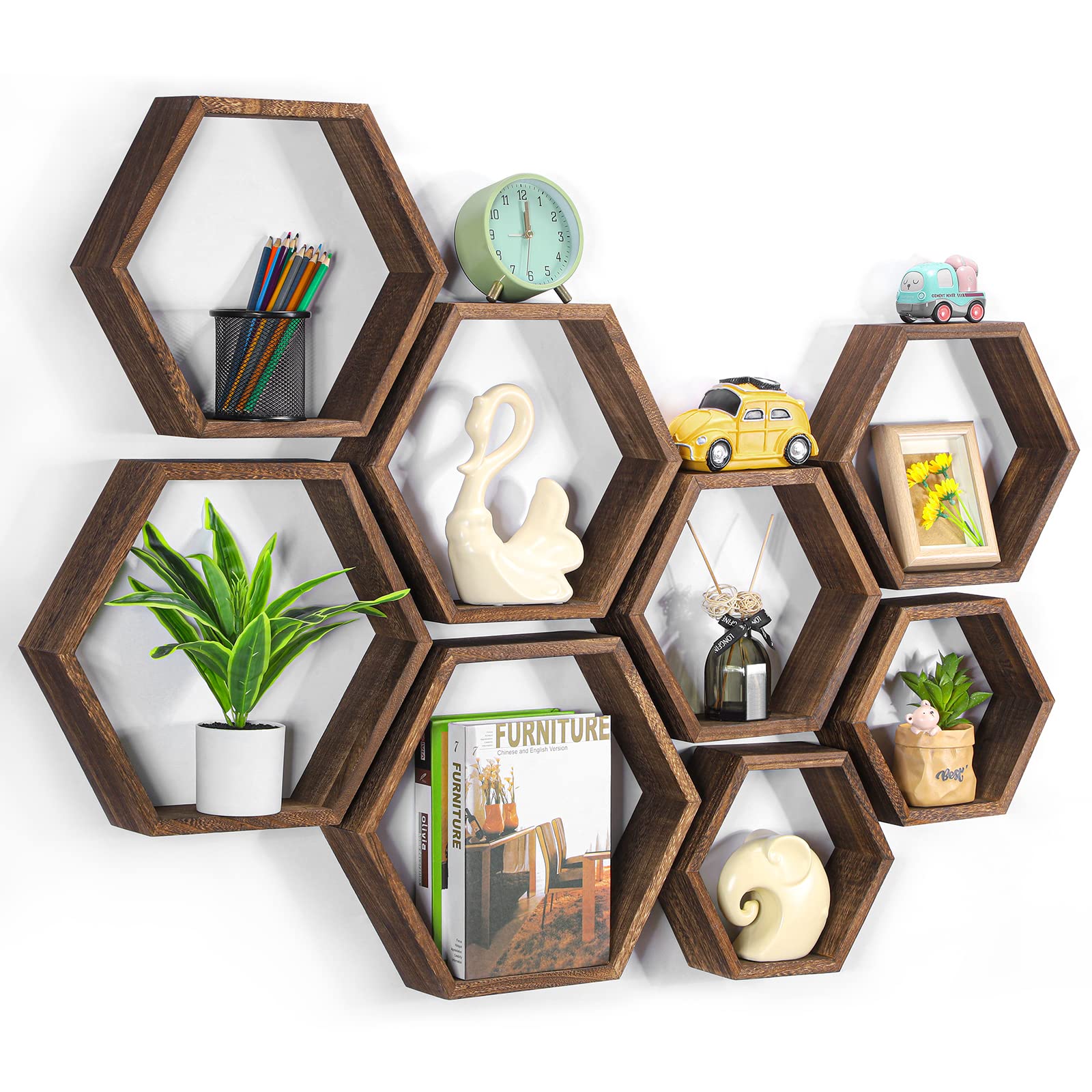 Hexagon Floating Shelves Set of 8 Wood Hexagonal Shelves Brown Wall Decor and Storage Racks for Living Room Floating Honeycomb P
