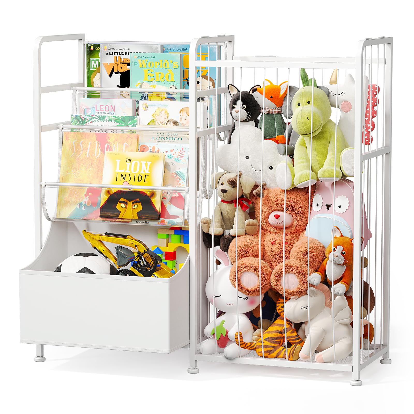 BBLIKE Kids Bookshelf and Stuffed Animal Storage - Multi-Function Nursery Book Shelves with Leather Toy Box and PVC Book Display