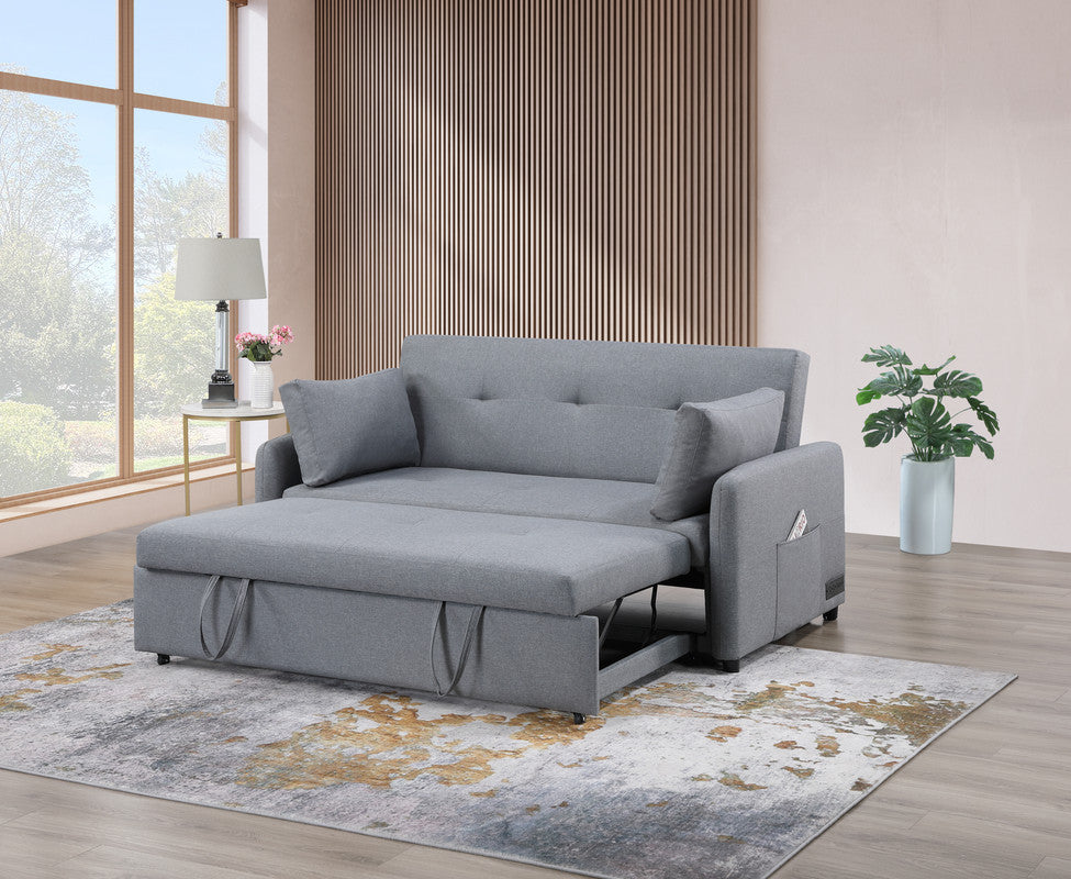 Radella 69W Gray Linen Convertible Sleeper Loveseat with USB Ports, Power Sockets, Pockets, Pillows, Tufting