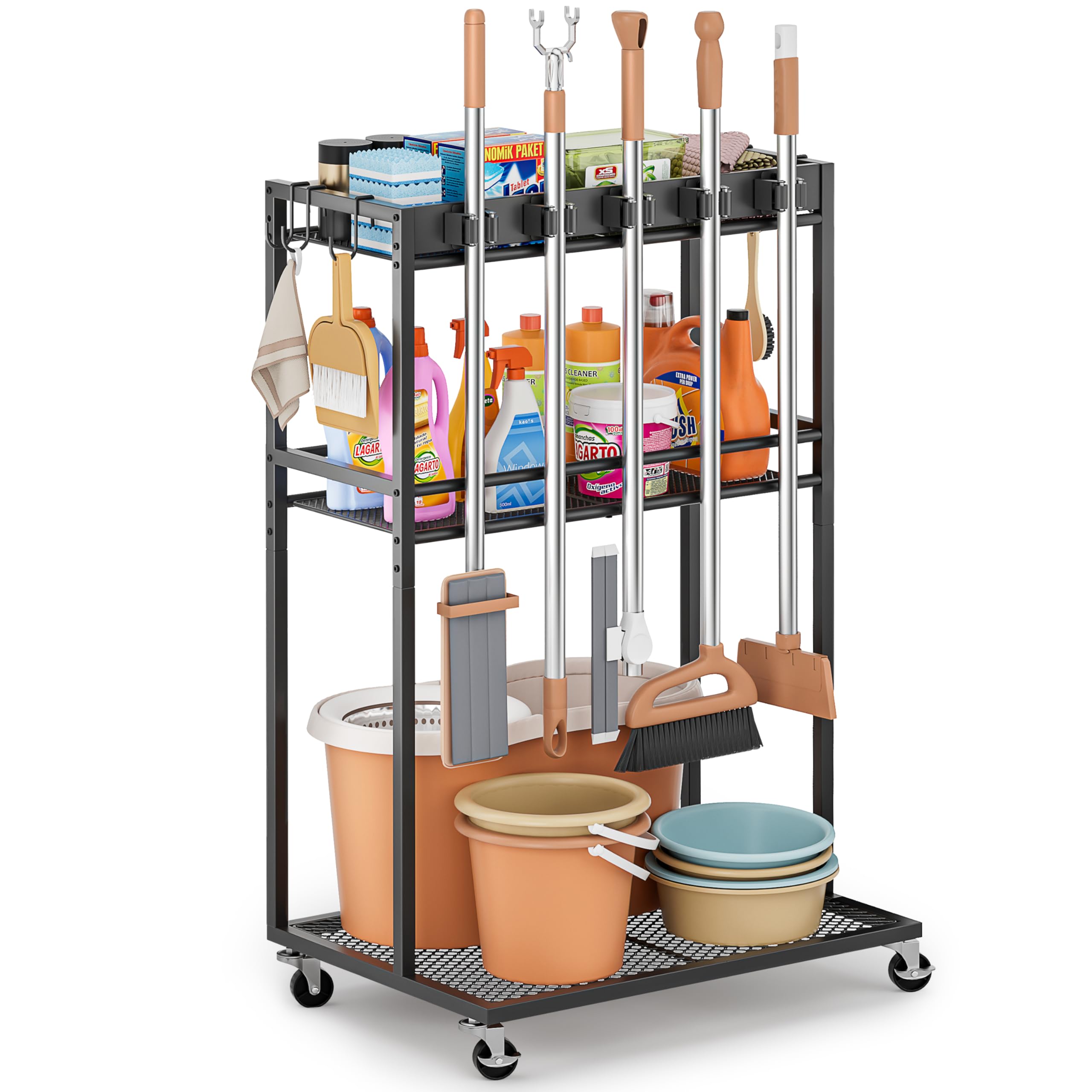 Broom Holder with Cleaning Supplies Organizer, Broom Closet Storage Cabinet with Mop Hanger Gripper Rack Hooks, Cleaning Houseke