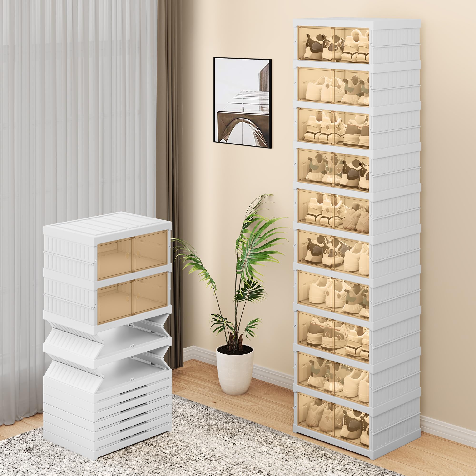 YITAHOME 10 Tiers-20 Pairs Easy Assembly Shoe Box with Magnetic Doors, Foldable Shoe Storage Organizer for Closet, Collapsible S
