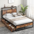 KOMFOTT Queen Bed Frame with Charging Station & 2 Storage Drawers, Industrial Heavy Duty Metal Platform Bed Frame with Storage H