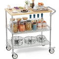 Leteuke Rolling Kitchen Carts with Wheels, 34 L x 17.5 W, 3-Tier Heavy Duty Utility Cart with Wood Tabletop, NSF Commercial Meta