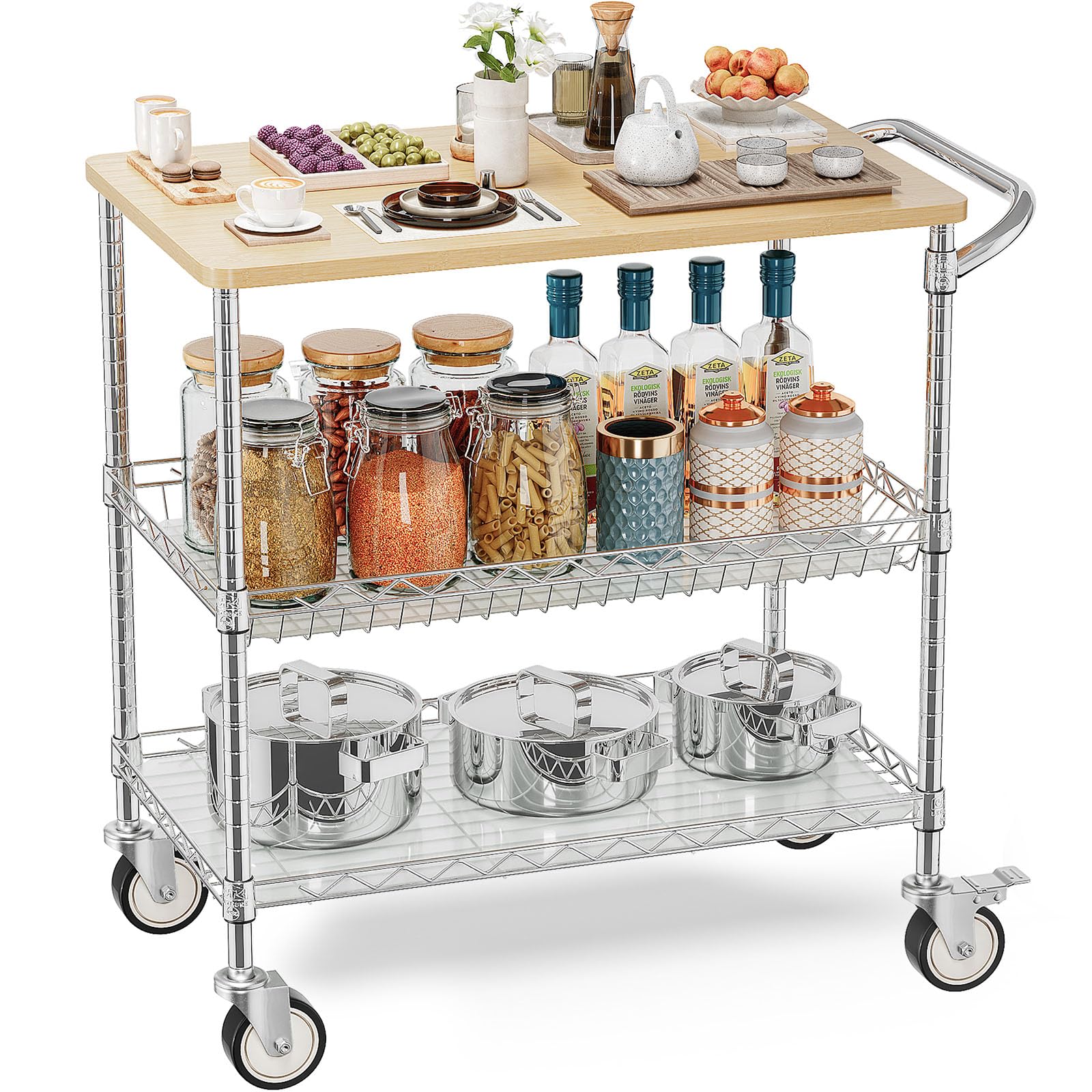 Leteuke Rolling Kitchen Carts with Wheels, 34 L x 17.5 W, 3-Tier Heavy Duty Utility Cart with Wood Tabletop, NSF Commercial Meta