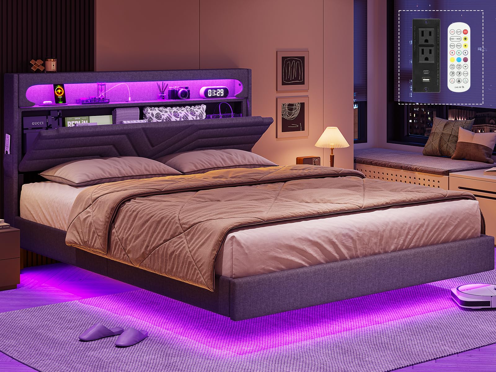 BTHFST Floating Bed Frame Full Size with RGB LED Lights Headboard, USB-C/A Power Combo, Linen Upholstered Platform Bed with Stor