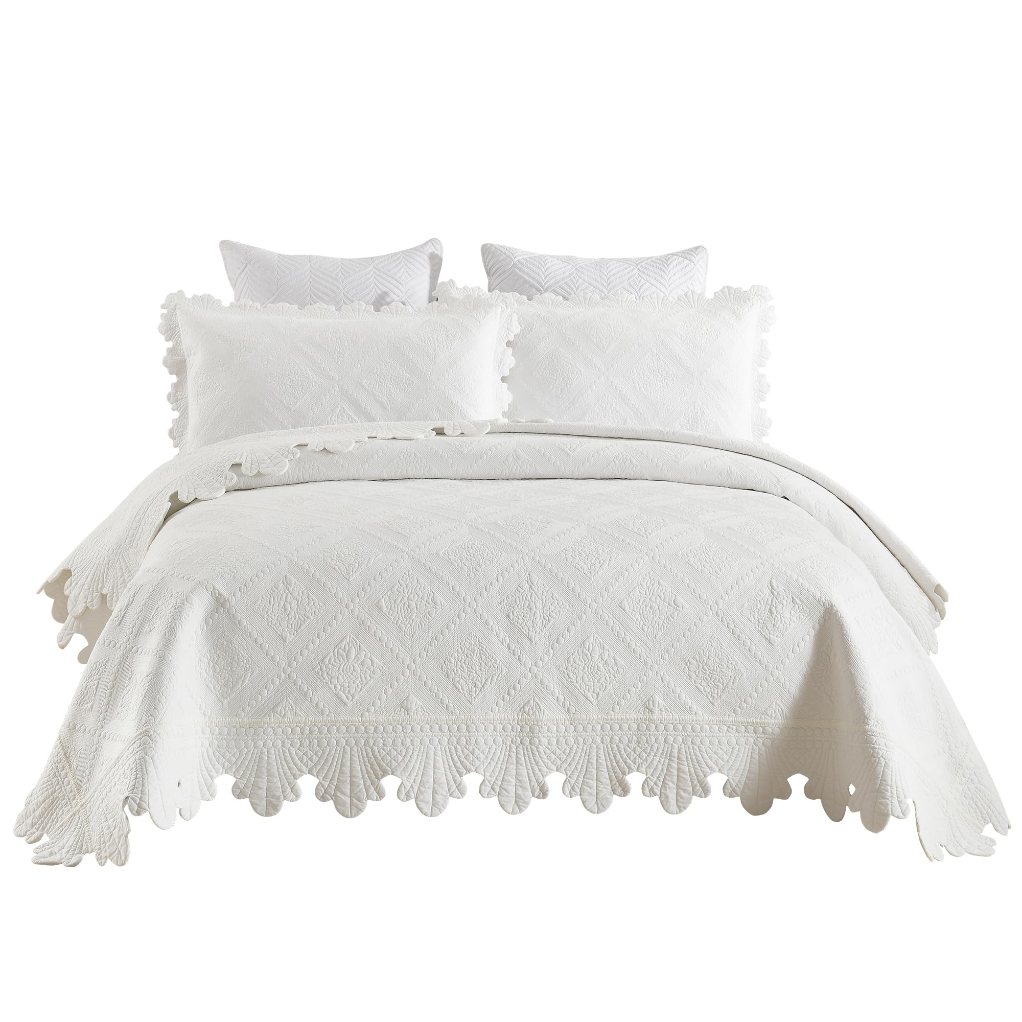 MarCielo 3-Piece 100% Cotton Oversized Bedspread Set Coverlet Set Lightweight Quilt Set Embroidery Farmhouse Bedding Set (TK Whi