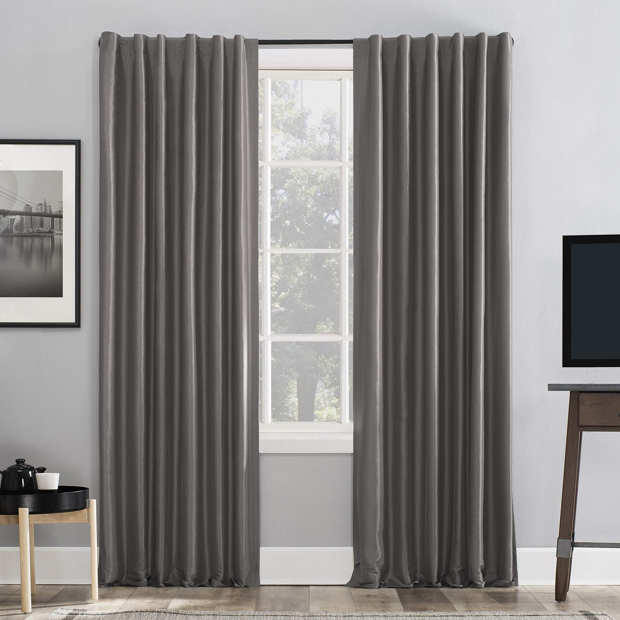 Sun Zero - 56252 Greyson Faux Dupioni Silk Extreme 100% Blackout Back Tab Curtain Panel, 50 x 84, Gray