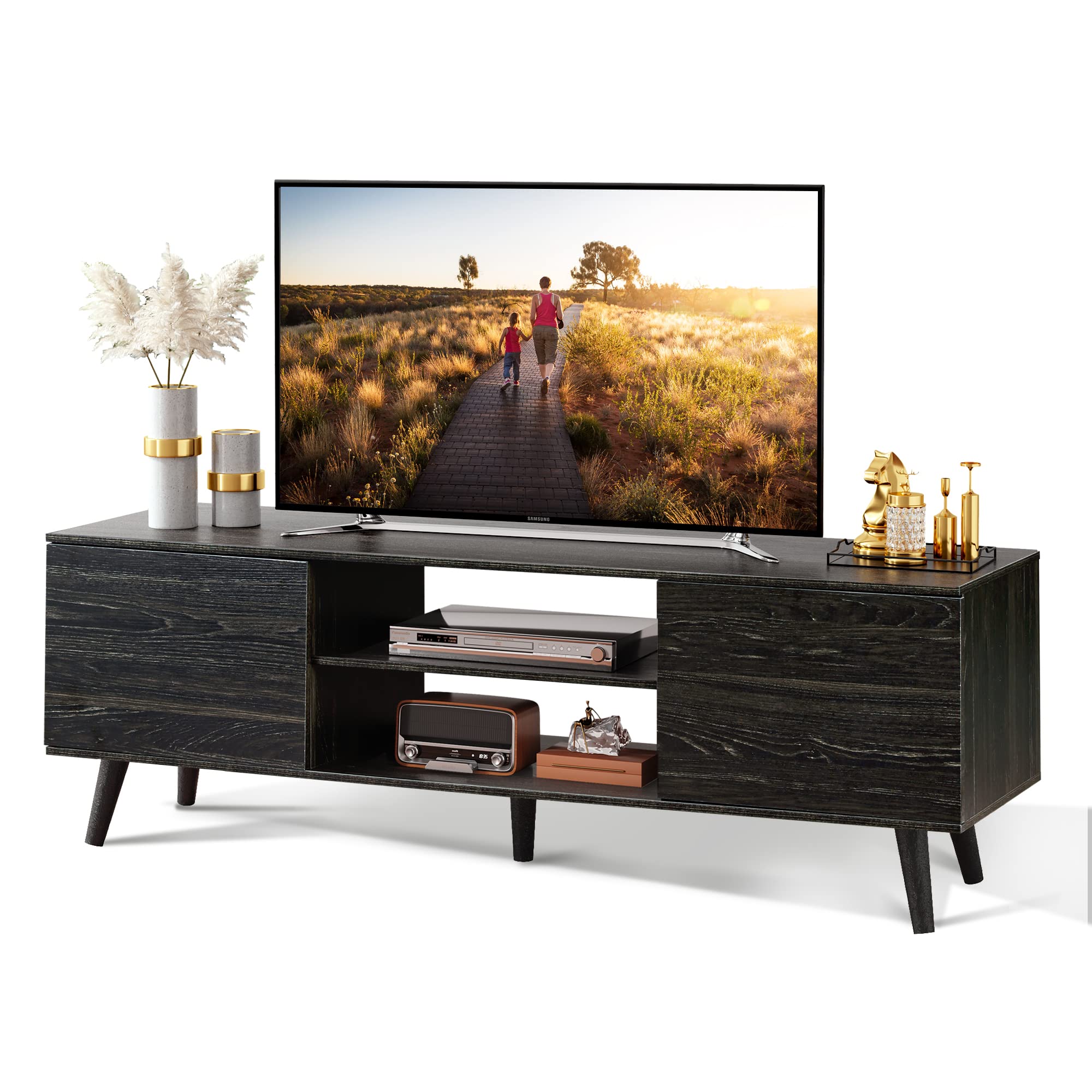 WLIVE TV Stand for 55 60 inch TV, Modern Entertainment Center with Storage Cabinets, Mid Century TV Console Table for Bedroom, T