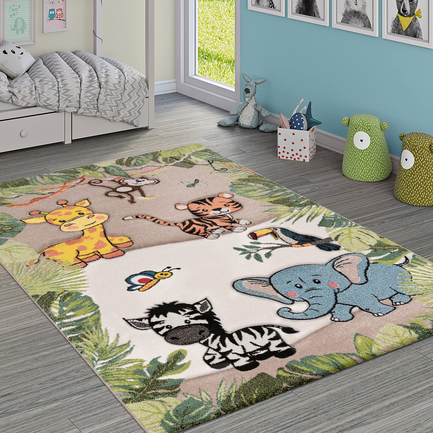 Paco Home Nursery Rug for Kids - Jungle Animals Giraffe Lion Monkey in Beige, Size:53 x 77