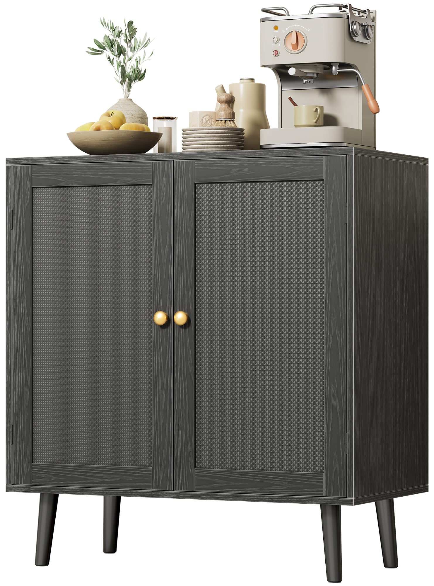 Huuger Buffet Cabinet with Storage, Storage Cabinet with PE Rattan Decor Doors, Accent Sideboard Buffet with Solid Wood Feet, fo