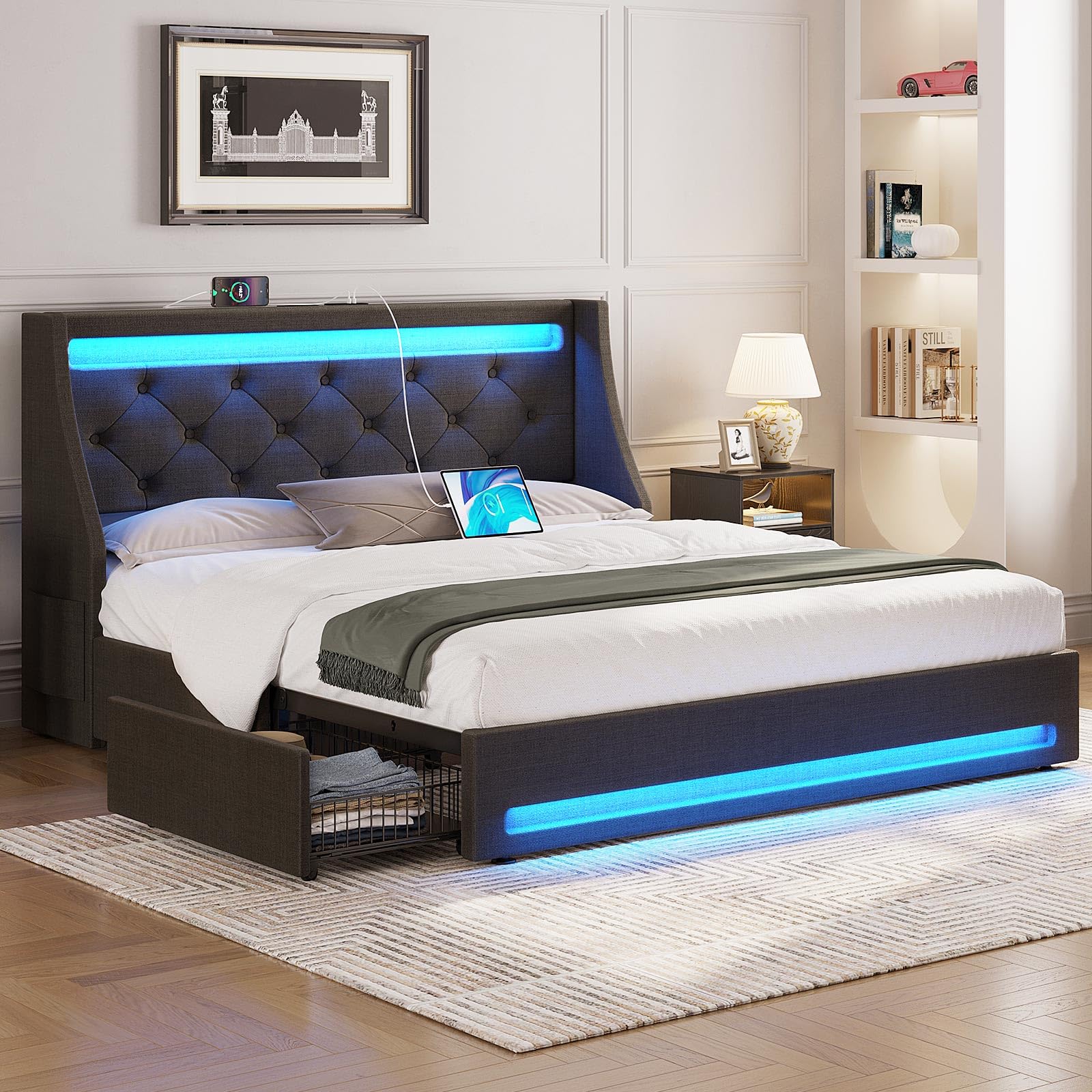 Rolanstar Full Bed Frame with LED Lights and Charging Station, Upholstered Bed with Drawers, Wooden Slats, Noise Free, Easy Asse