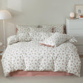 Boho Floral Duvet Cover Full Girl Soft Cotton Pink Floral Bedding Set for Teen Dorm with 2 Bow Tie Pillowcases,Aesthetic Chic Co