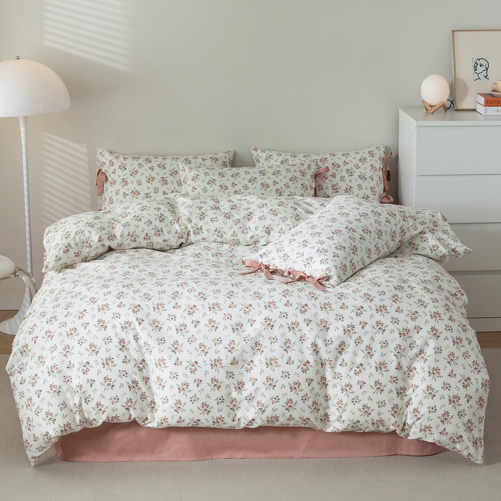 Boho Floral Duvet Cover Full Girl Soft Cotton Pink Floral Bedding Set for Teen Dorm with 2 Bow Tie Pillowcases,Aesthetic Chic Co