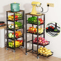 Fruit Vegetable Storage Basket for Kitchen, 5 Tier Large Pull-Out Metal Wire Baskets with 4 Pack Mats Bottom, Wood Top and Wheel