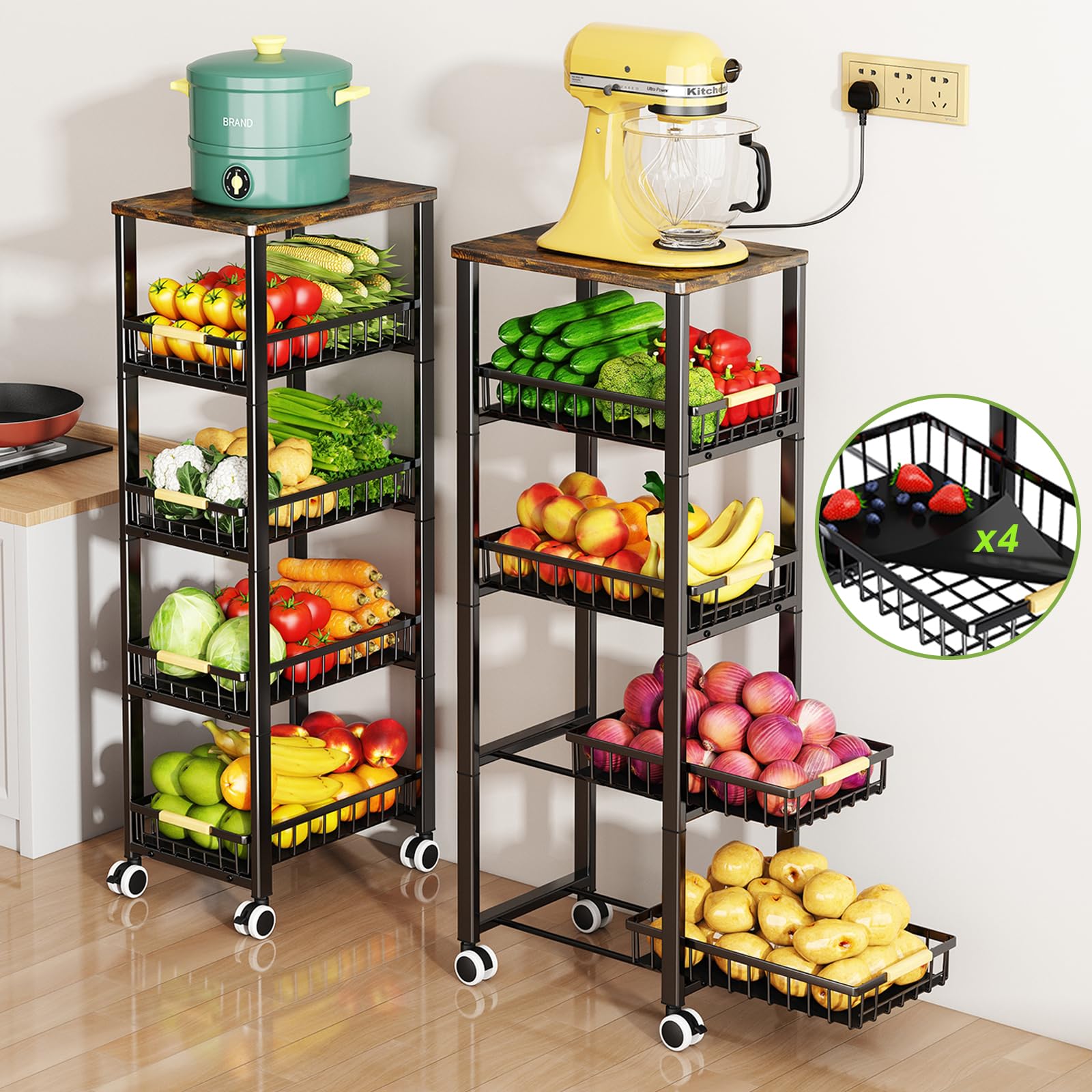 Fruit Vegetable Storage Basket for Kitchen, 5 Tier Large Pull-Out Metal Wire Baskets with 4 Pack Mats Bottom, Wood Top and Wheel