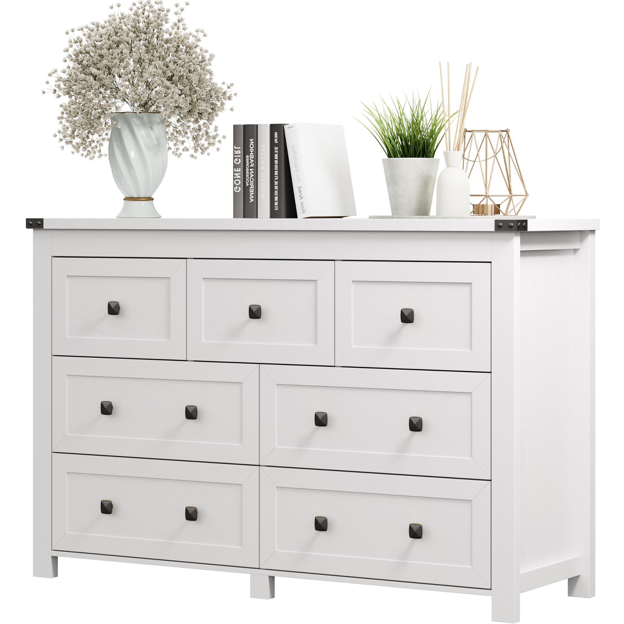 Dresser for Bedroom with 7 Drawers, Farmhouse Wood Chest of Drawers, Wide TV Stand Closet Storage Furniture with Metal Handle, M