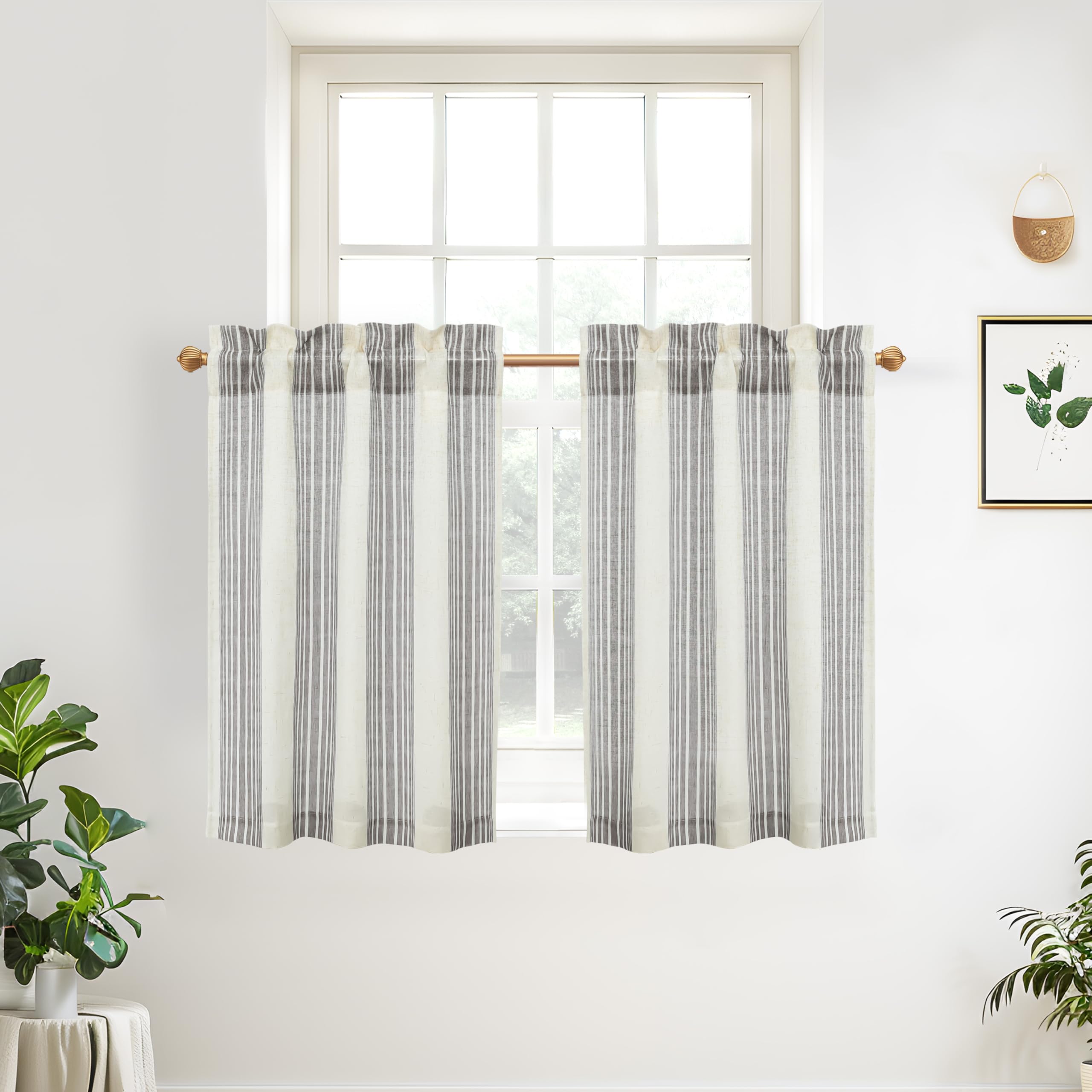 DriftAway Kitchen Curtains Striped Tier Linen Short Curtains Pinstripe Cafe Curtains 36 Inch Length for Living Room Bathroom Chr