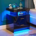WOOVIVS Night Stand with Light, High Gloss Nightstand with USB/Wireless Charging Station, LED Black Nightstands with Storage Dra