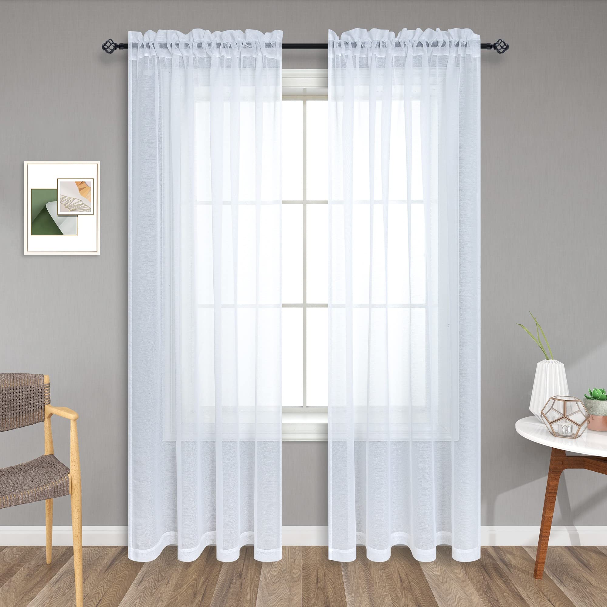 White Sheer curtains 96 Inches Long for Living Room 2 Panels Set Rod Pocket Transparent Window curtains for Bedroom 52x96 Inch L