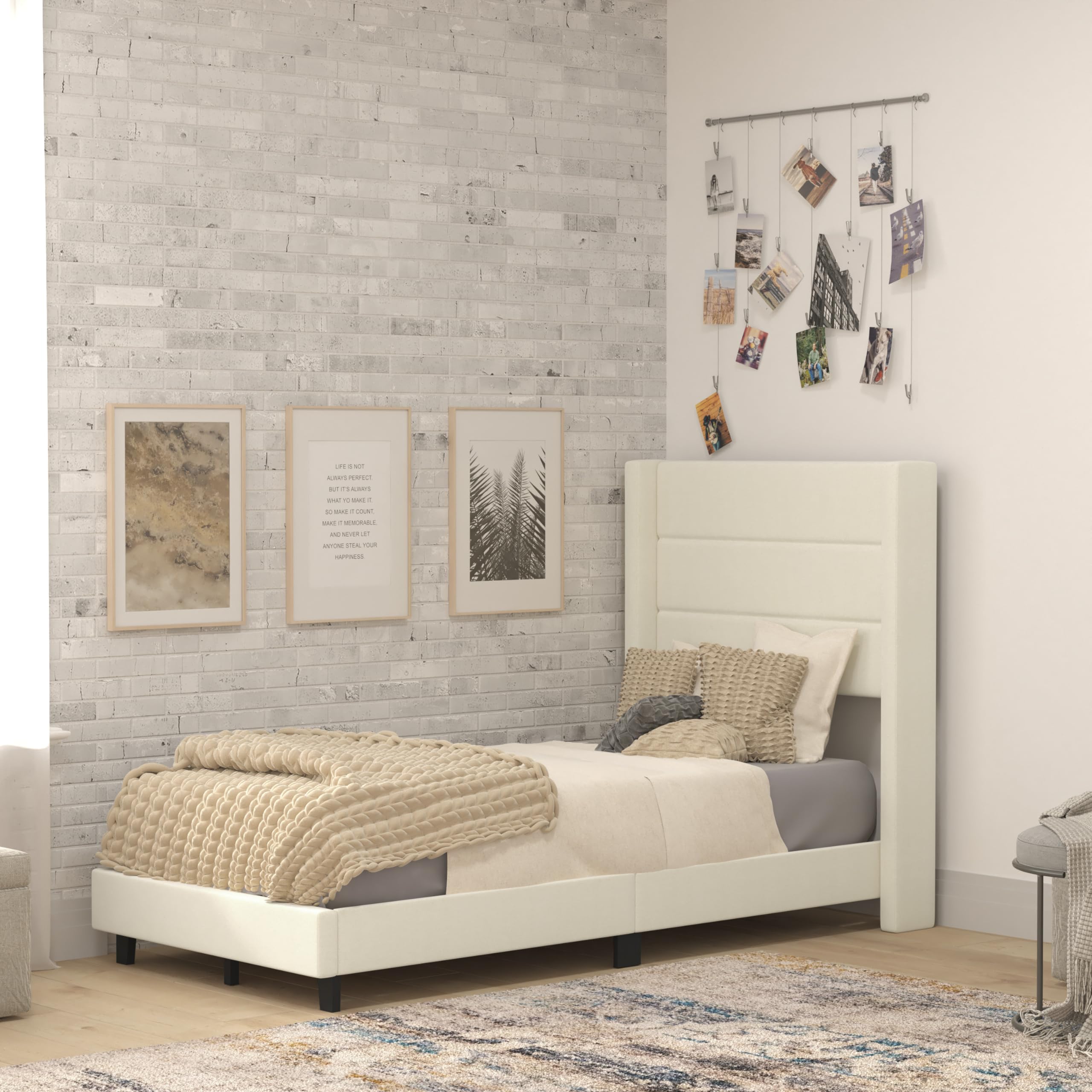 Flash Furniture Hollis Upholstered Platform Bed - Beige Faux Linen Wingback Headboard - Twin - Mattress Foundation with Slatted 