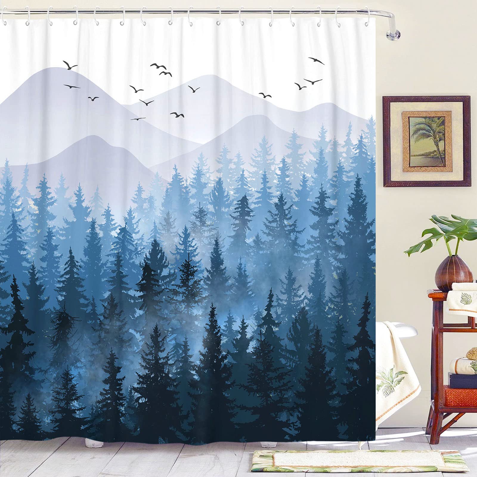 Accnicc 78 Inch Long Blue Misty Forest Shower Curtain Set Ombre Navy Blue Mountain Pine Tree Waterproof Fabric Shower Curtains f
