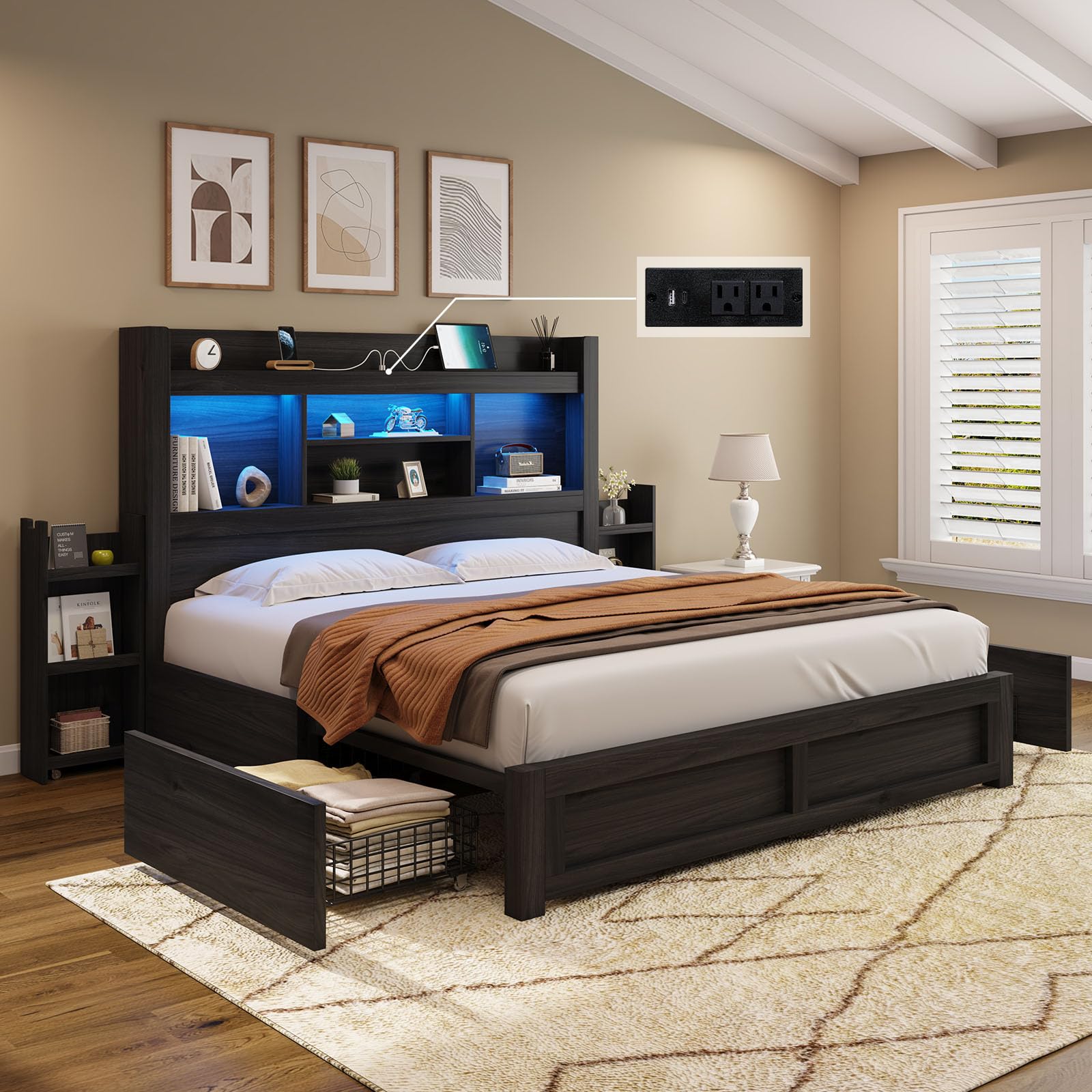 AMERLIFE Queen Bed Frame with 4 Storage Drawers, LED Bed Frame with 49.6 Tall Bookcase Headboard, Wood Platform Bed with Chargin