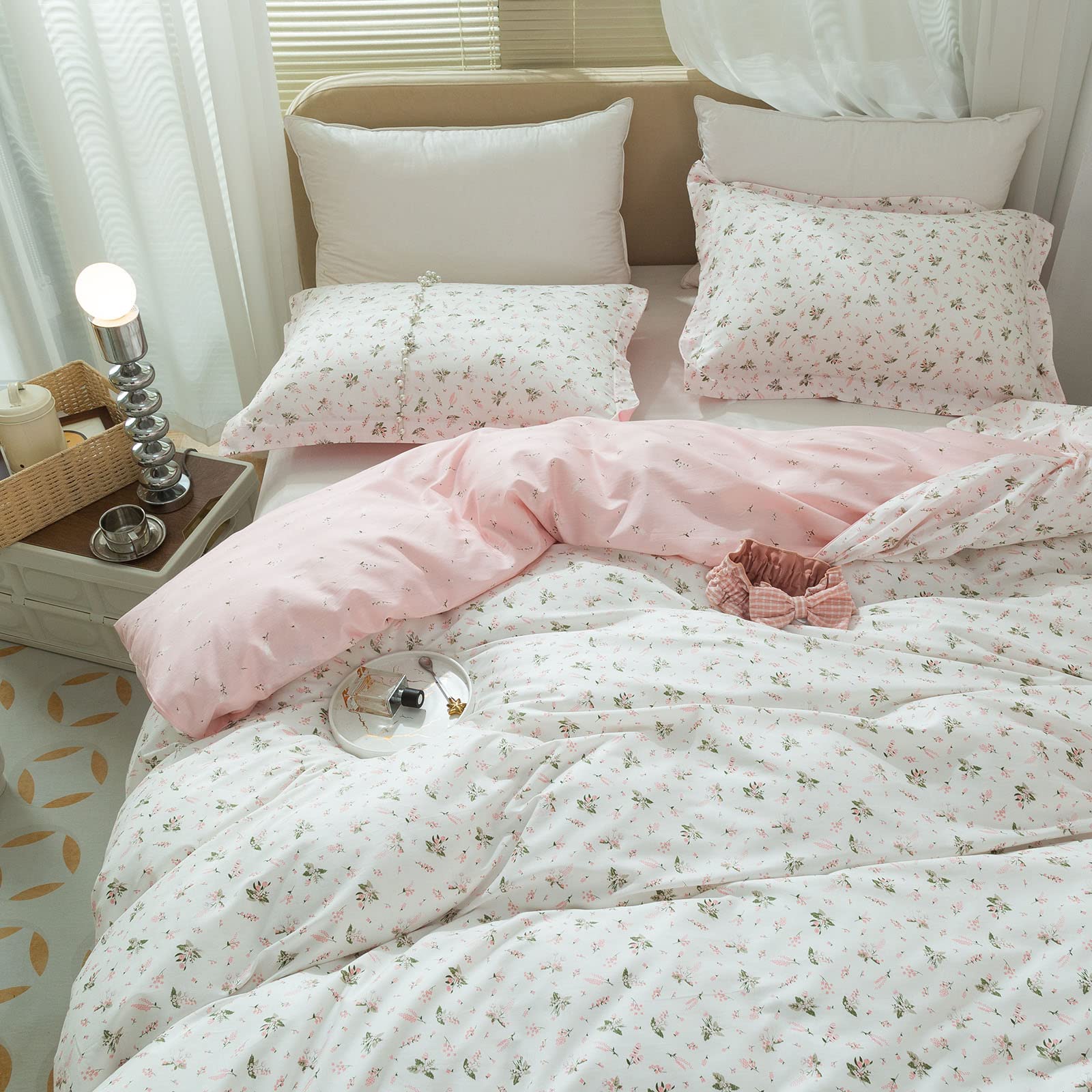 Floral Girls Duvet Cover Twin XL Cotton Pink Floral Duvet Cover Chic Garden Flower Bedding Sets Lightweight Soft Aesthetic Flora