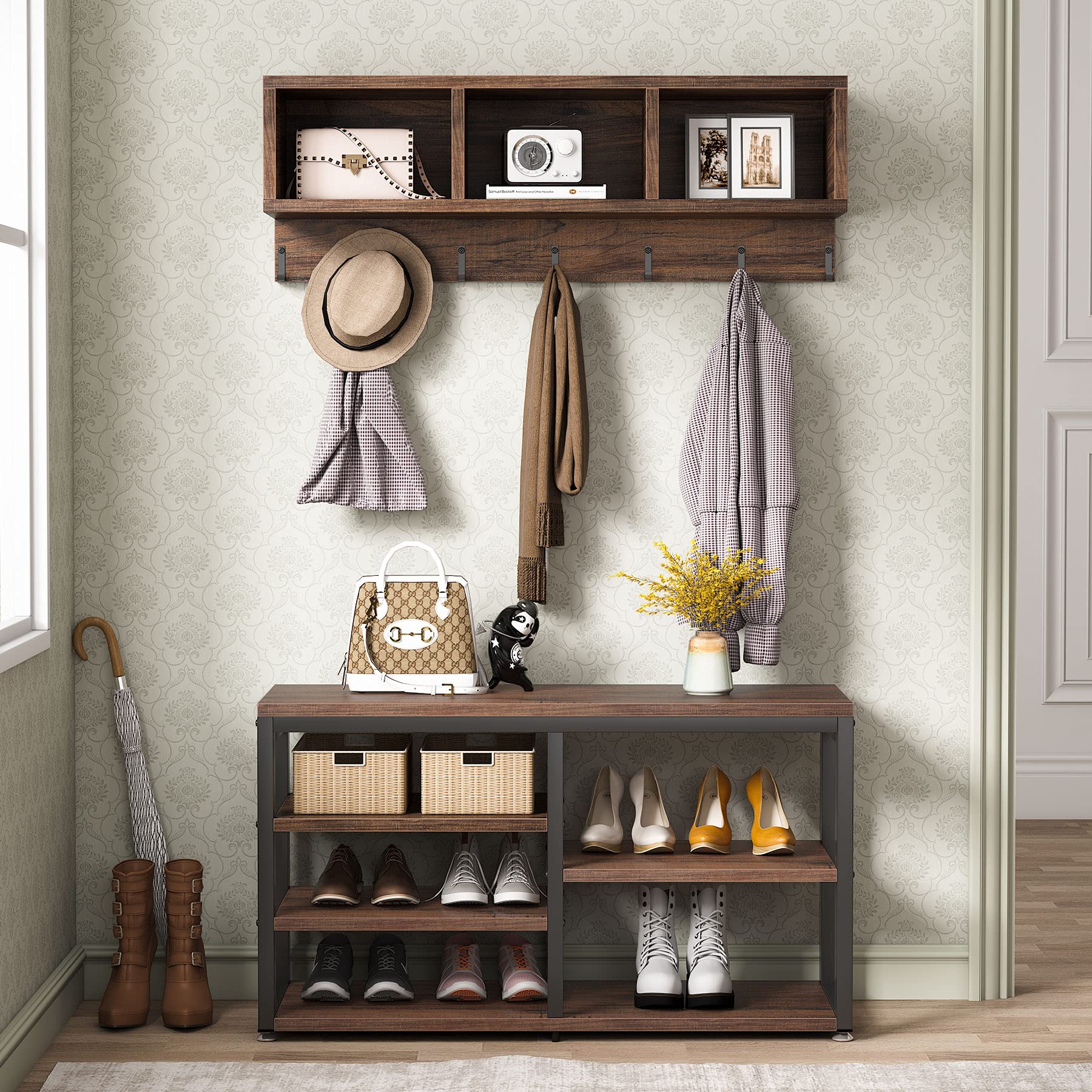 Tribesigns Industrial [Shoe] [Rack] [Bench] with Coat [Rack] Set With Hall Tree, 3 Storage Cubbies, 7 Hooks for Entryway, Hallwa