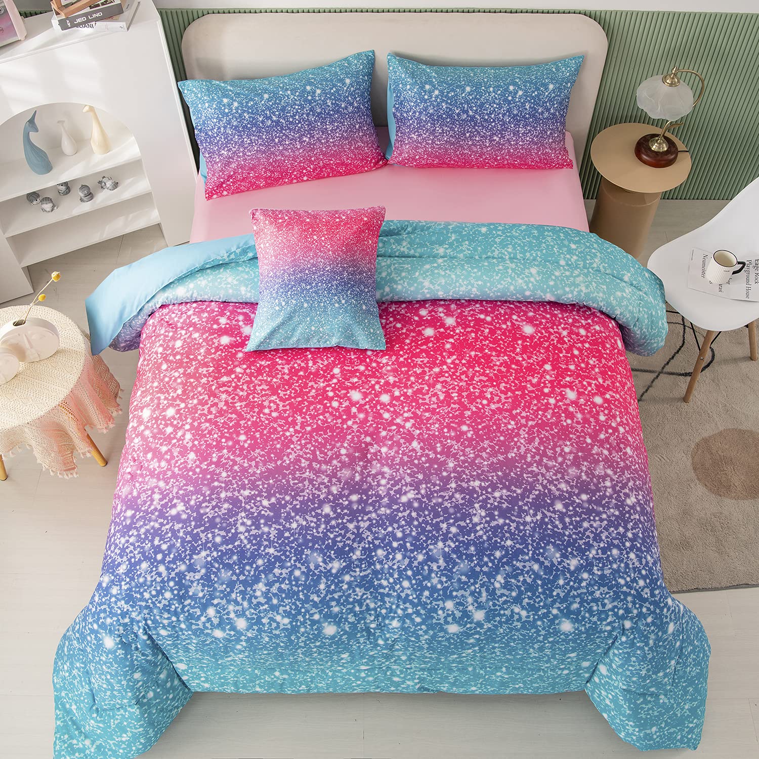 PERFEMET Girls Comforter Set Twin Size 6 Piece Bed in A Bag 3D Colorful Rainbow Bedding Comforter Sheet Set for Kids - (1 Comfor
