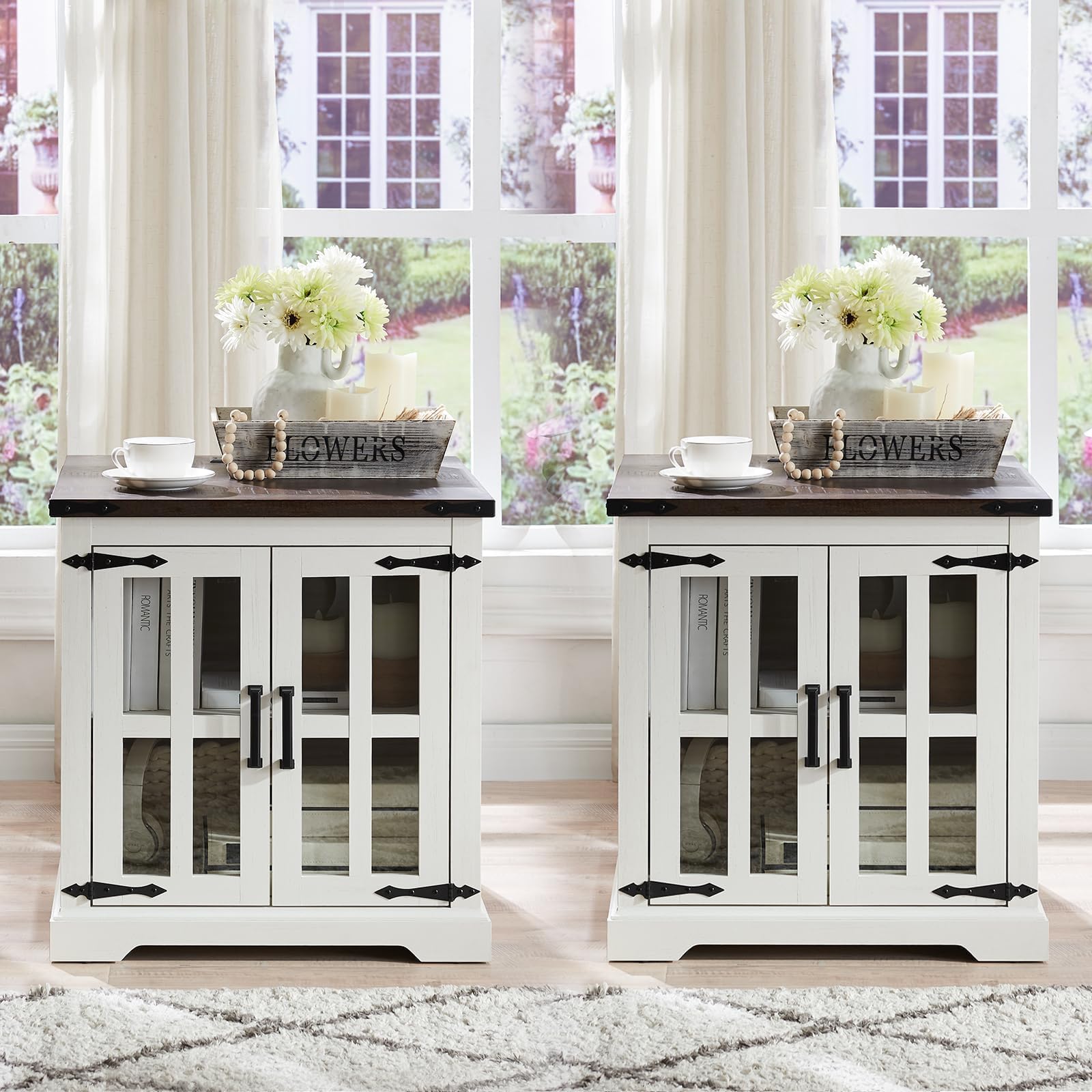 Barnyatoh Farmhouse End Table with Charging Station,24 Large Side Table with Glass Barn Door, Rustic Wood Nightstand Bedside Tab