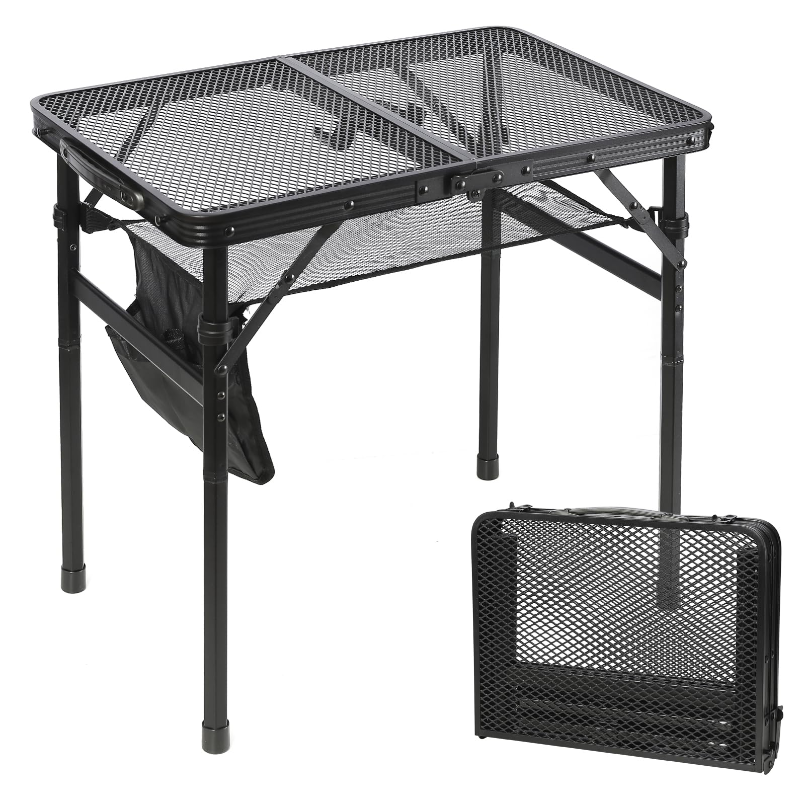 SKIKEN Small Floding Grill Table with Mesh Layer, 2 Height Adjustable, Portable & Lightweight Metal Camping Table for Outdoor, B