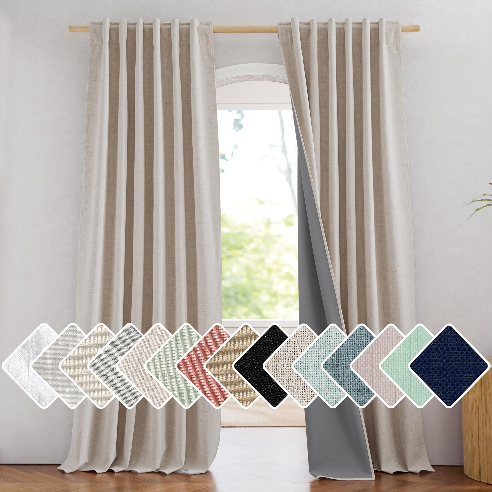 NICETOWN 100% Blackout Natural Linen Bedroom Curtains 95 Length with Thermal Insulated Liners, Farmhouse Style Room Cooling Smal