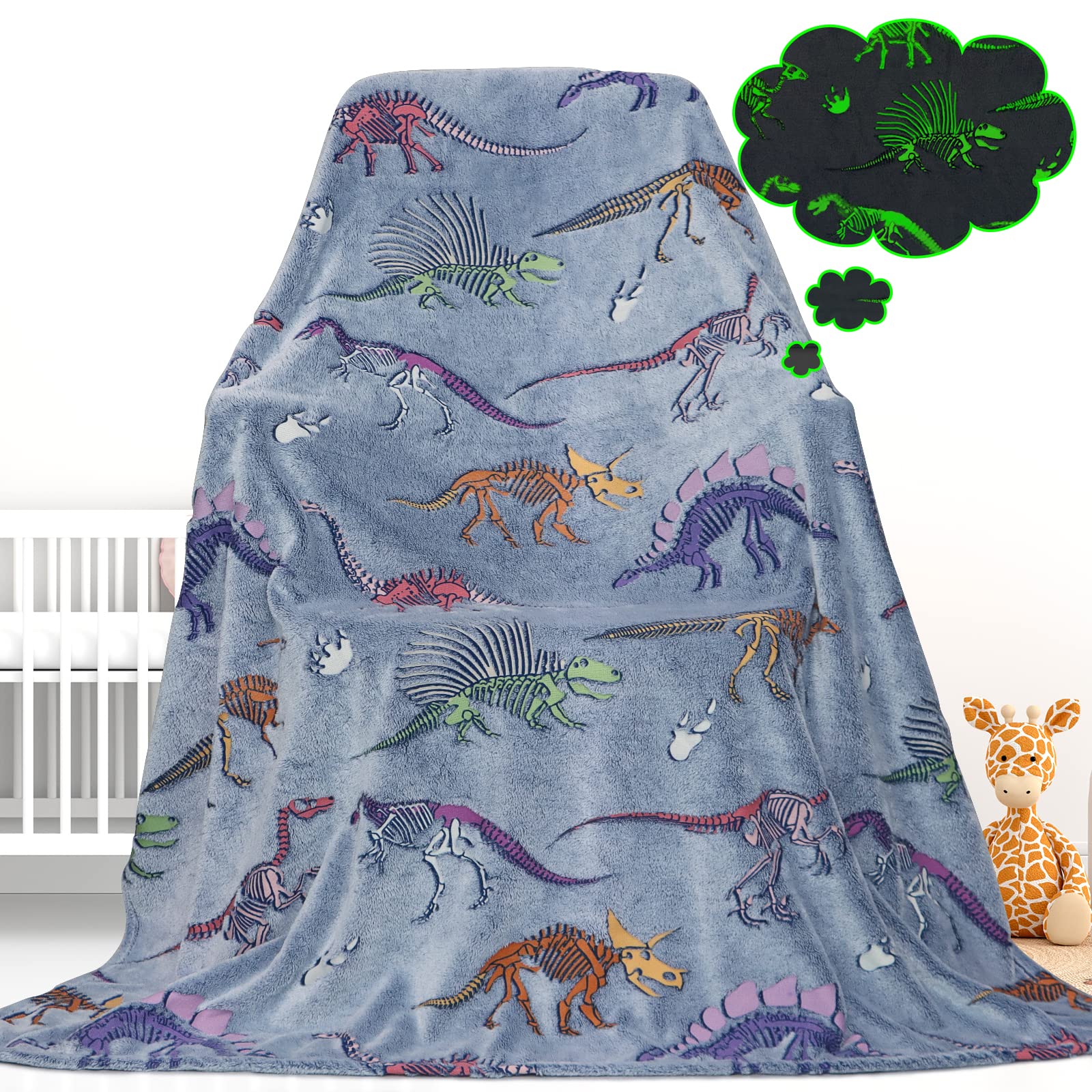 Gdindff Glow in The Dark Dinosaur Blanket for Boys Girls Kids Cute Dino Throw Blankets for Couch, Kids Fleece Blankets, Soft War