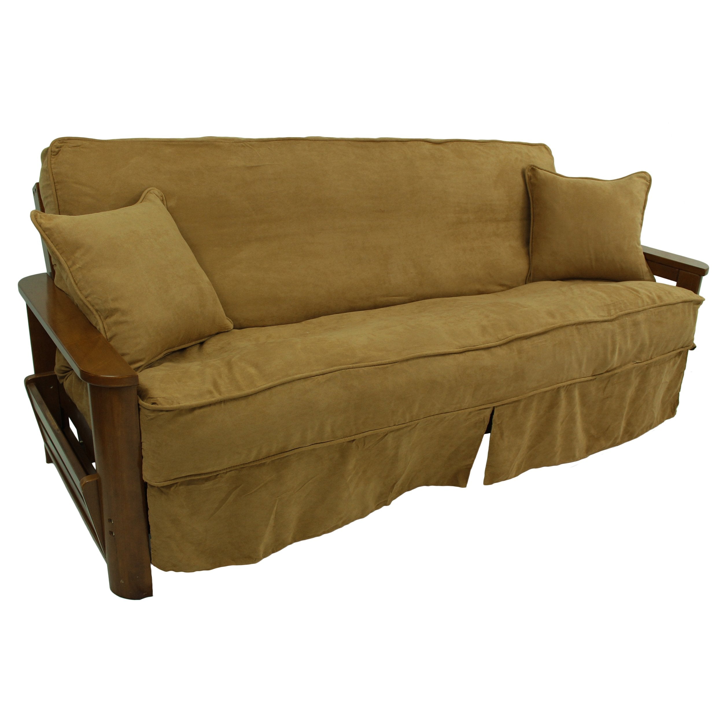 Blazing Needles Solid Microsuede Double Corded 8 to 9 Futon Slipcover Set with 2 Throw Pillows (Set of 3), Full, Camel