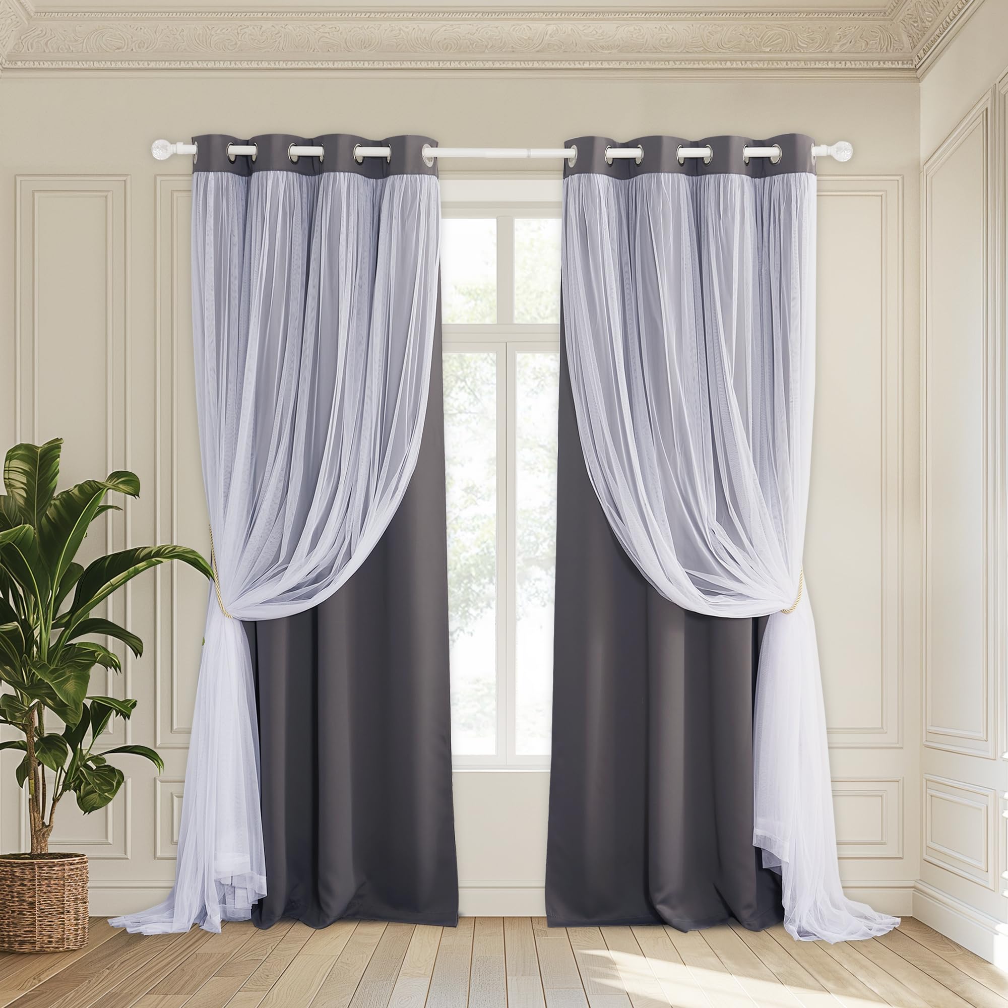 PONY DANCE Blackout Curtains 84 Inches Long - White Sheer Overlay Thermal Insulated Curtains for Living Room, Cortina para Sala 