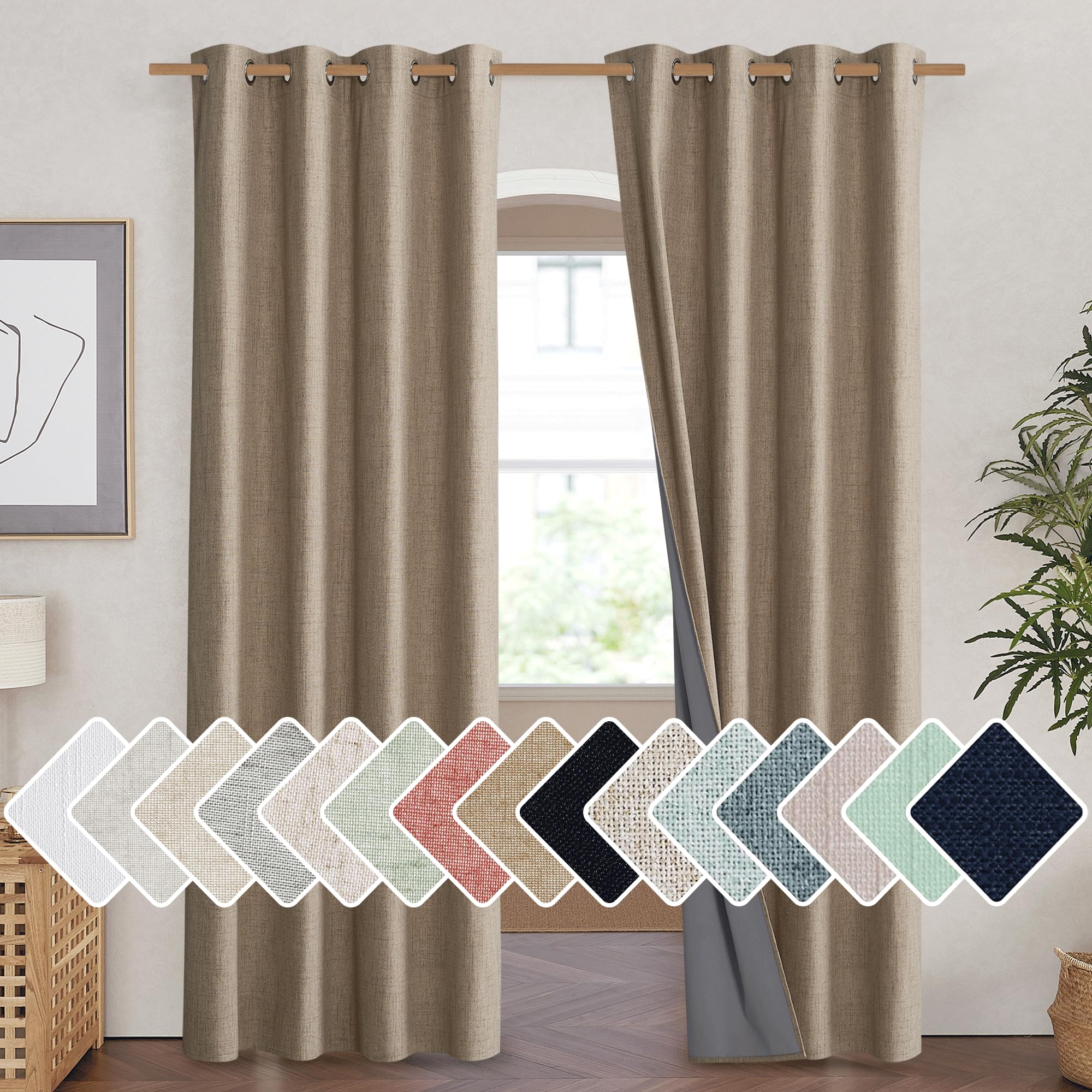 NICETOWN Burlap Vintage Open Linen Weave Flax Thermal Curtains, 100% Blackout Curtains 84 inches Long for Dining Room, Soundproo