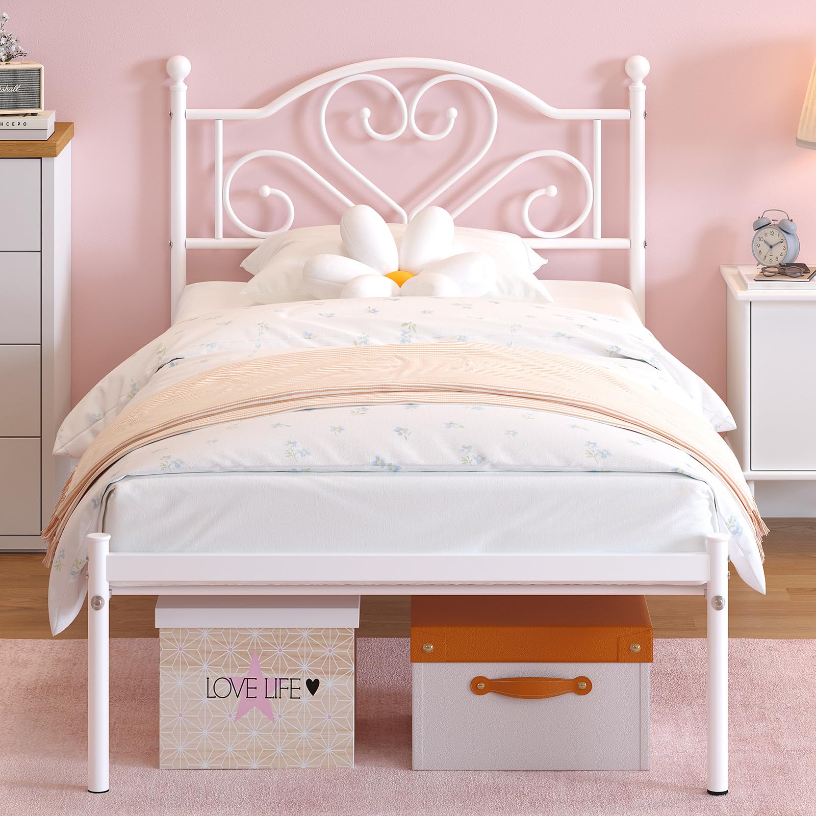 Weehom Twin Bed Frames with Headboard, Heavy Duty Metal Platform Under Bed Storage Space Easy Assembly for Kids Girls Adults Whi