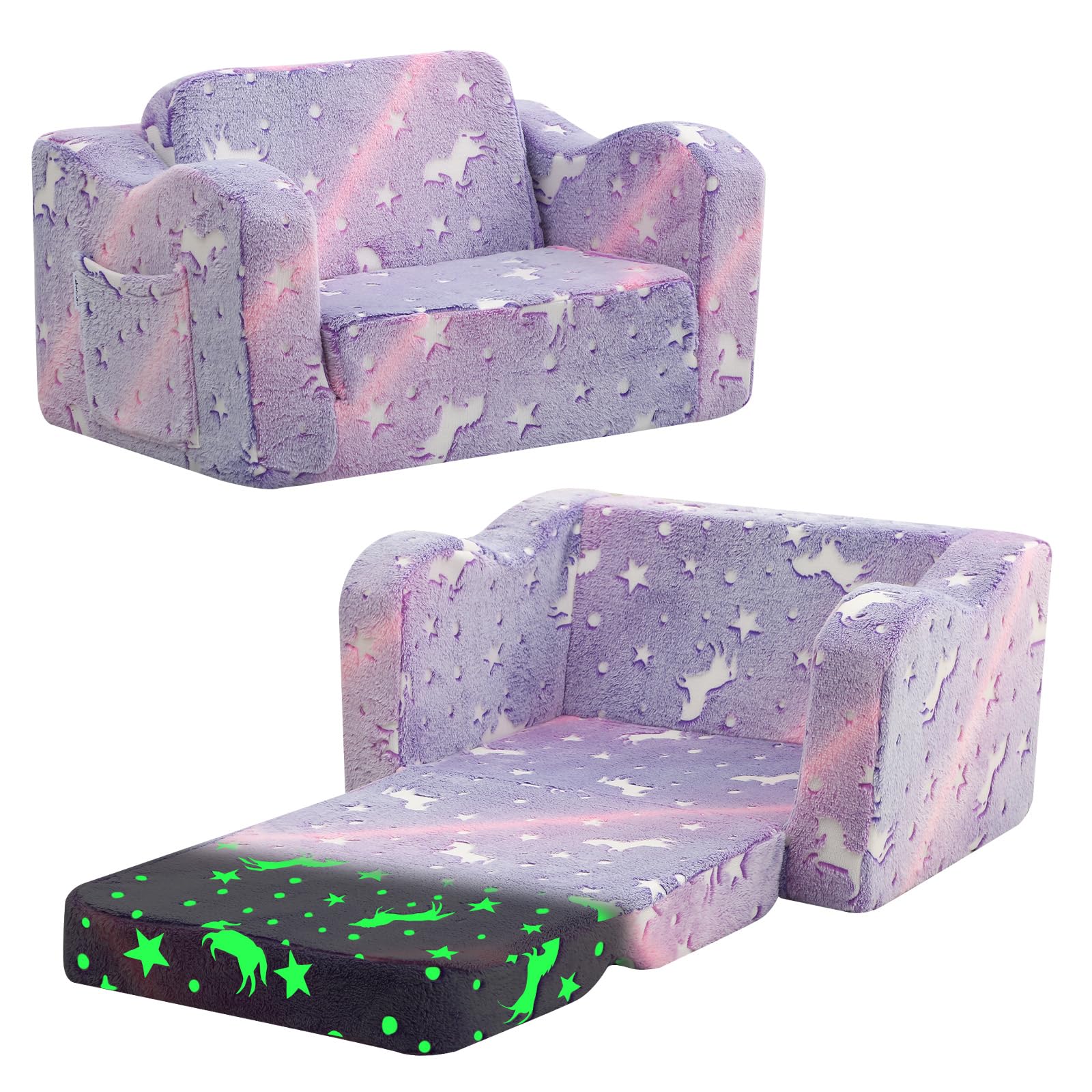 MeMoreCool Toddler Chair Comfy 1-3 Years Old, Kids Couch for Playroom, Convertible Glowing Unicorn Flip Out Sofa, Kids Furniture